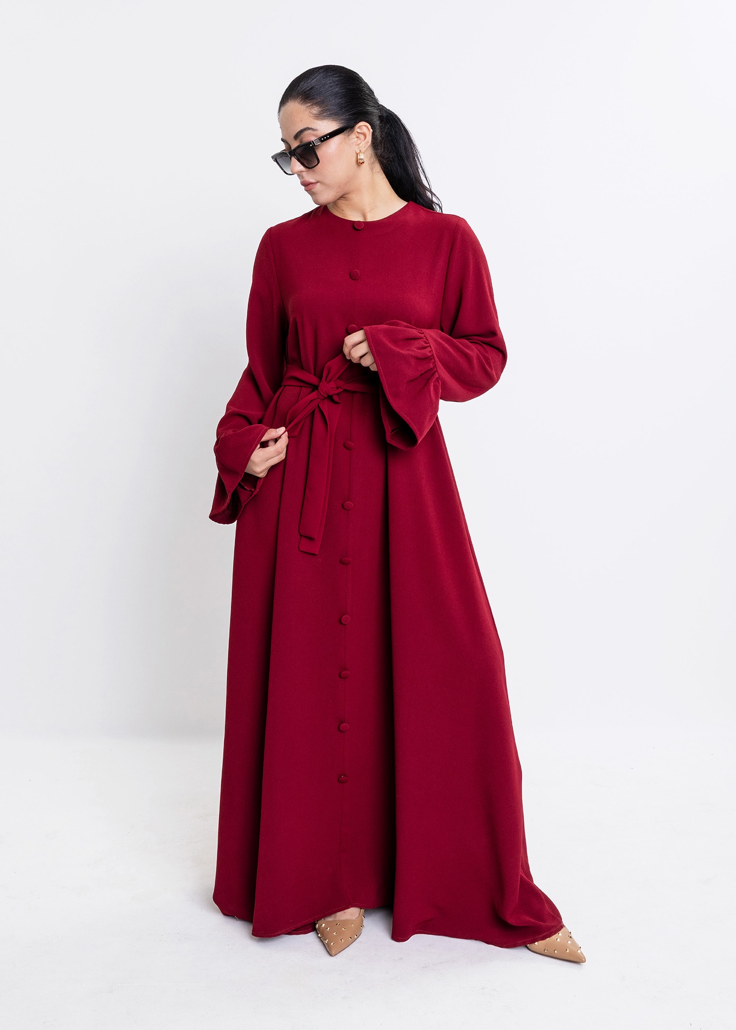Revna Atelier Sofia Kolları Fırfırlı Kaplama Düğmeli Bordo Elbise