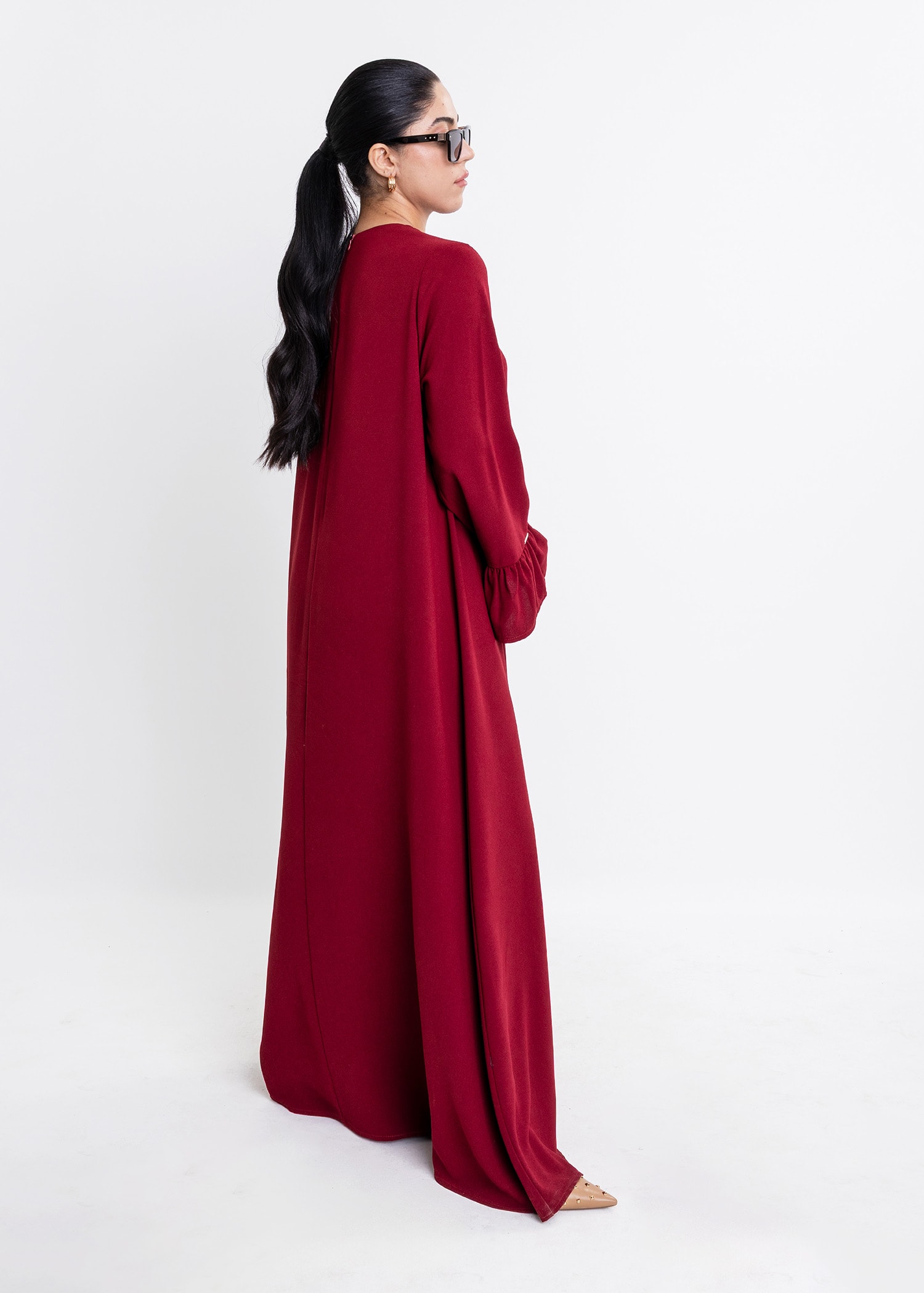 Revna Atelier Sofia Kolları Fırfırlı Kaplama Düğmeli Bordo Elbise