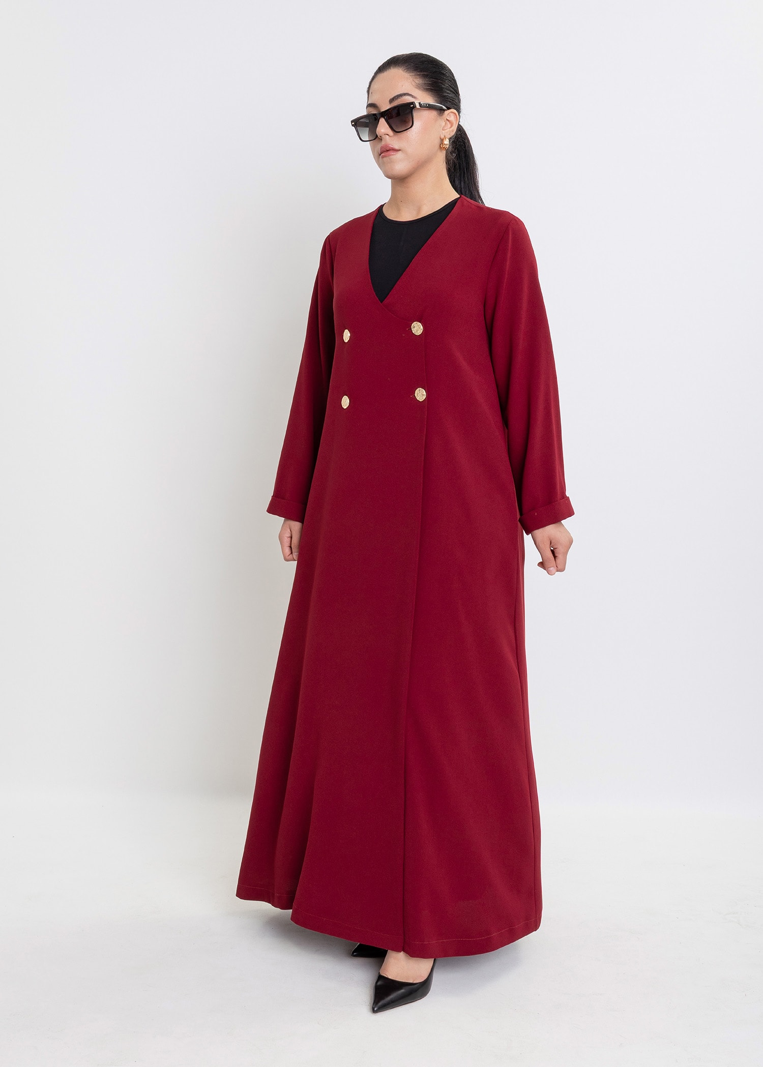 Revna Atelier Liza Kruvaze Gold Düğmeli Bordo Ferace