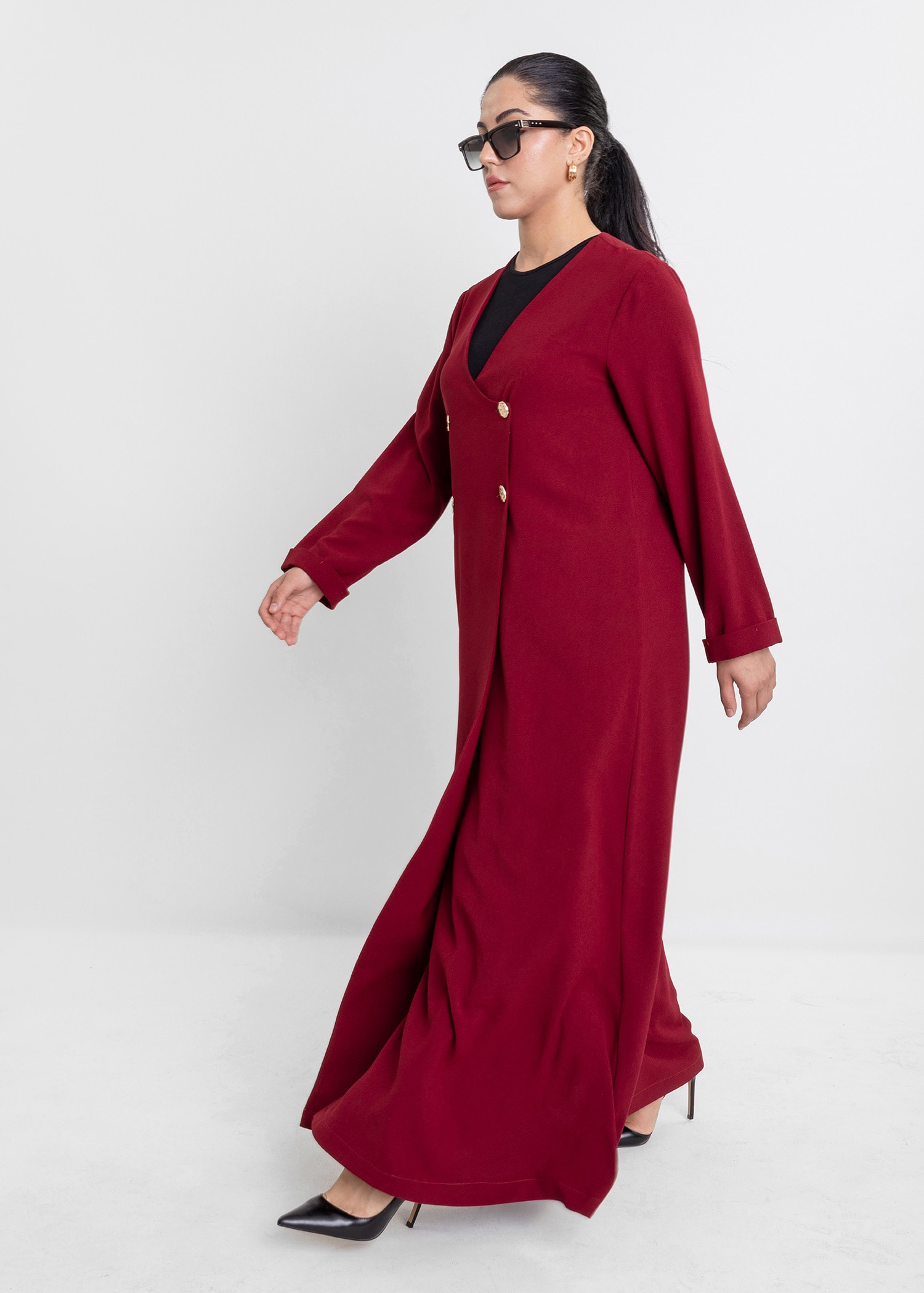 Revna Atelier Liza Kruvaze Gold Düğmeli Bordo Ferace