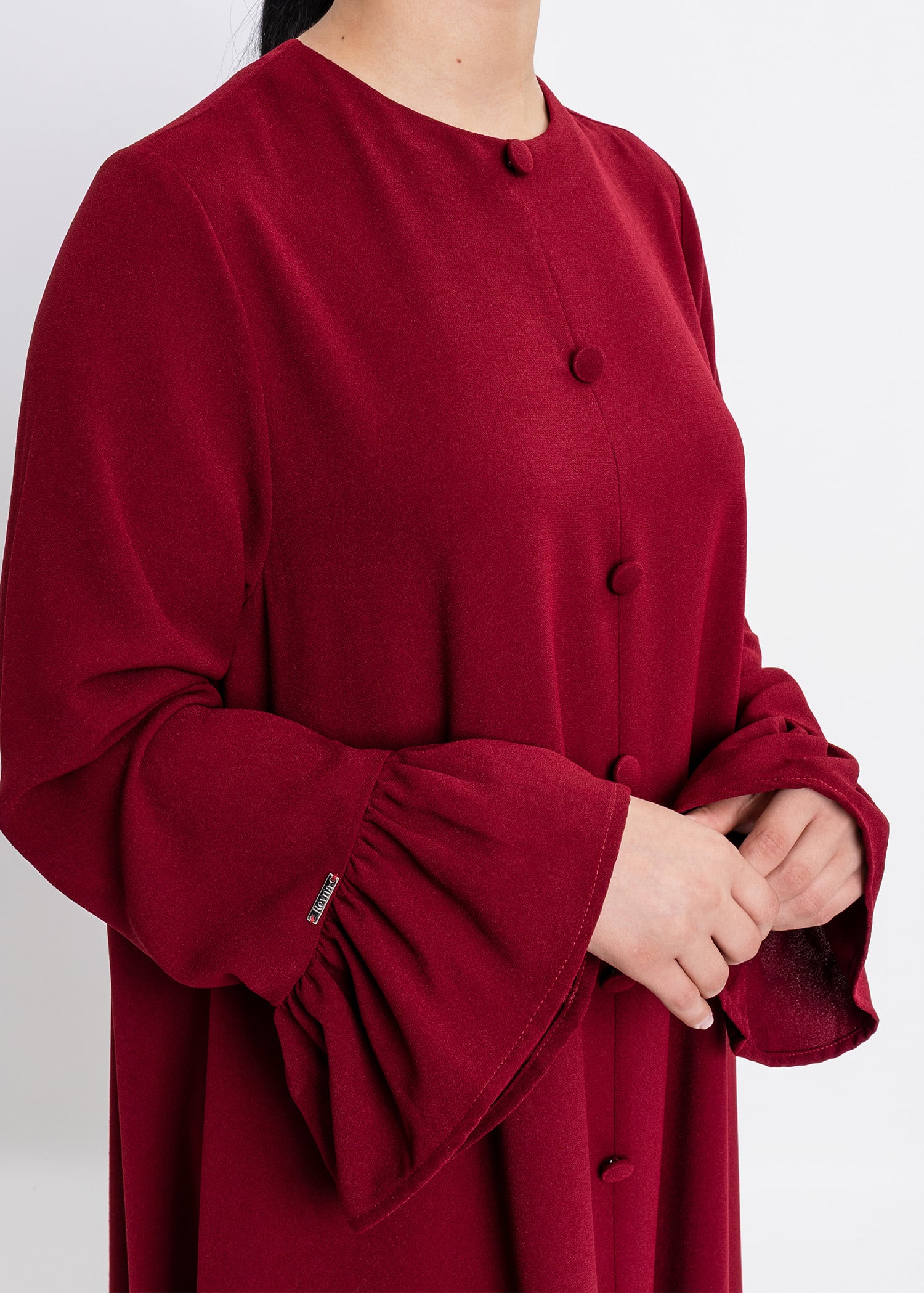 Revna Atelier Sofia Kolları Fırfırlı Kaplama Düğmeli Bordo Elbise