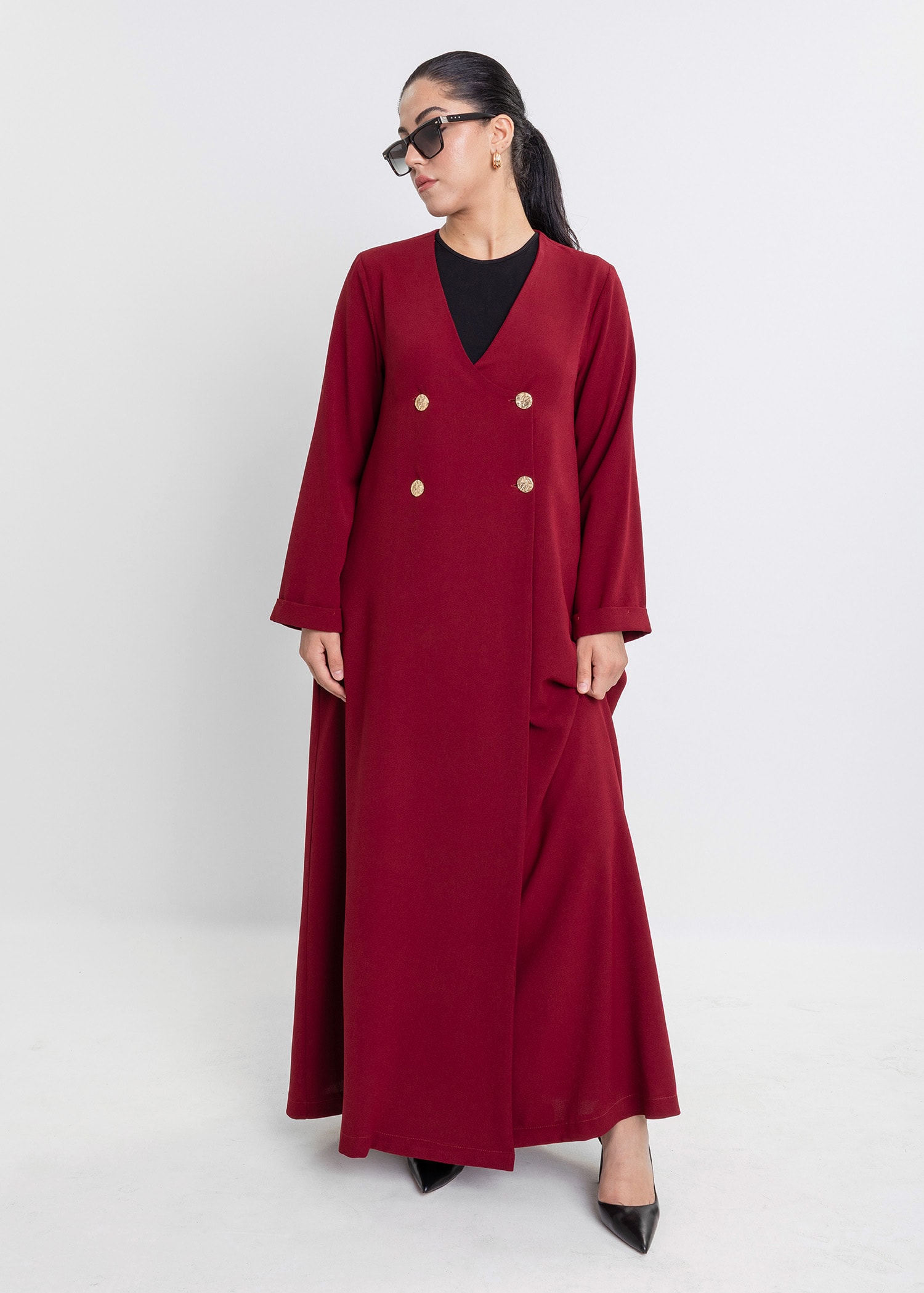 Revna Atelier Liza Kruvaze Gold Düğmeli Bordo Ferace