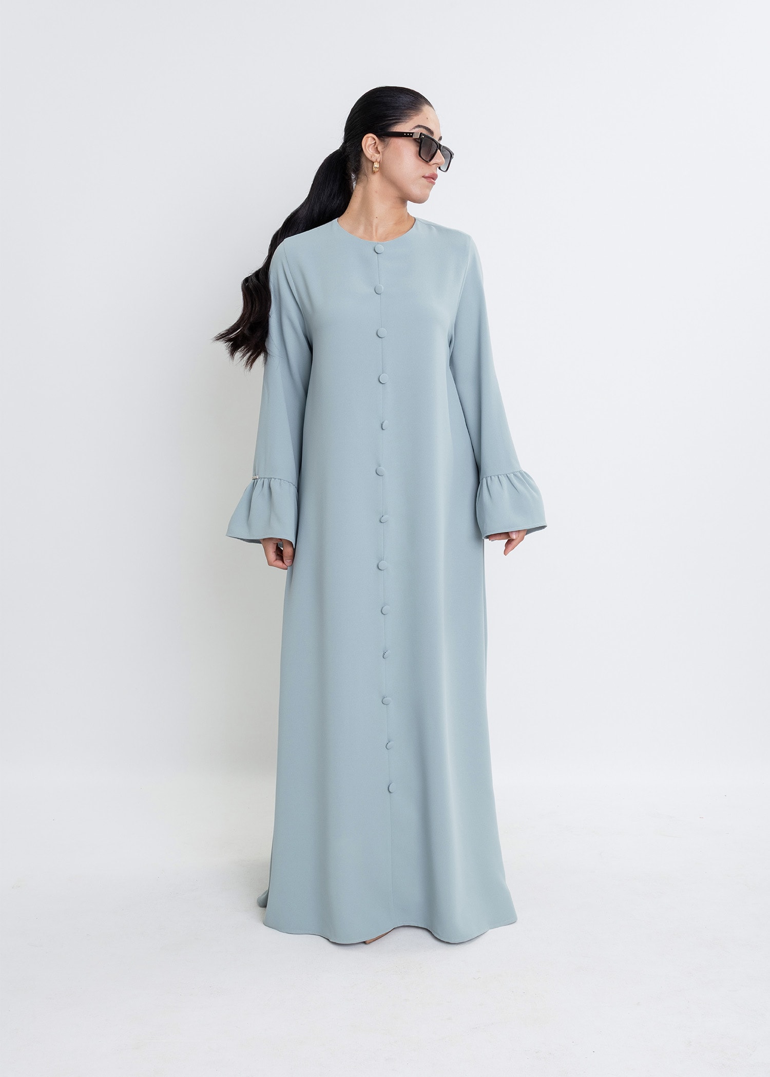 Revna Atelier Sofia Kolları Fırfırlı Kaplama Düğmeli Nil Yeşili Elbise