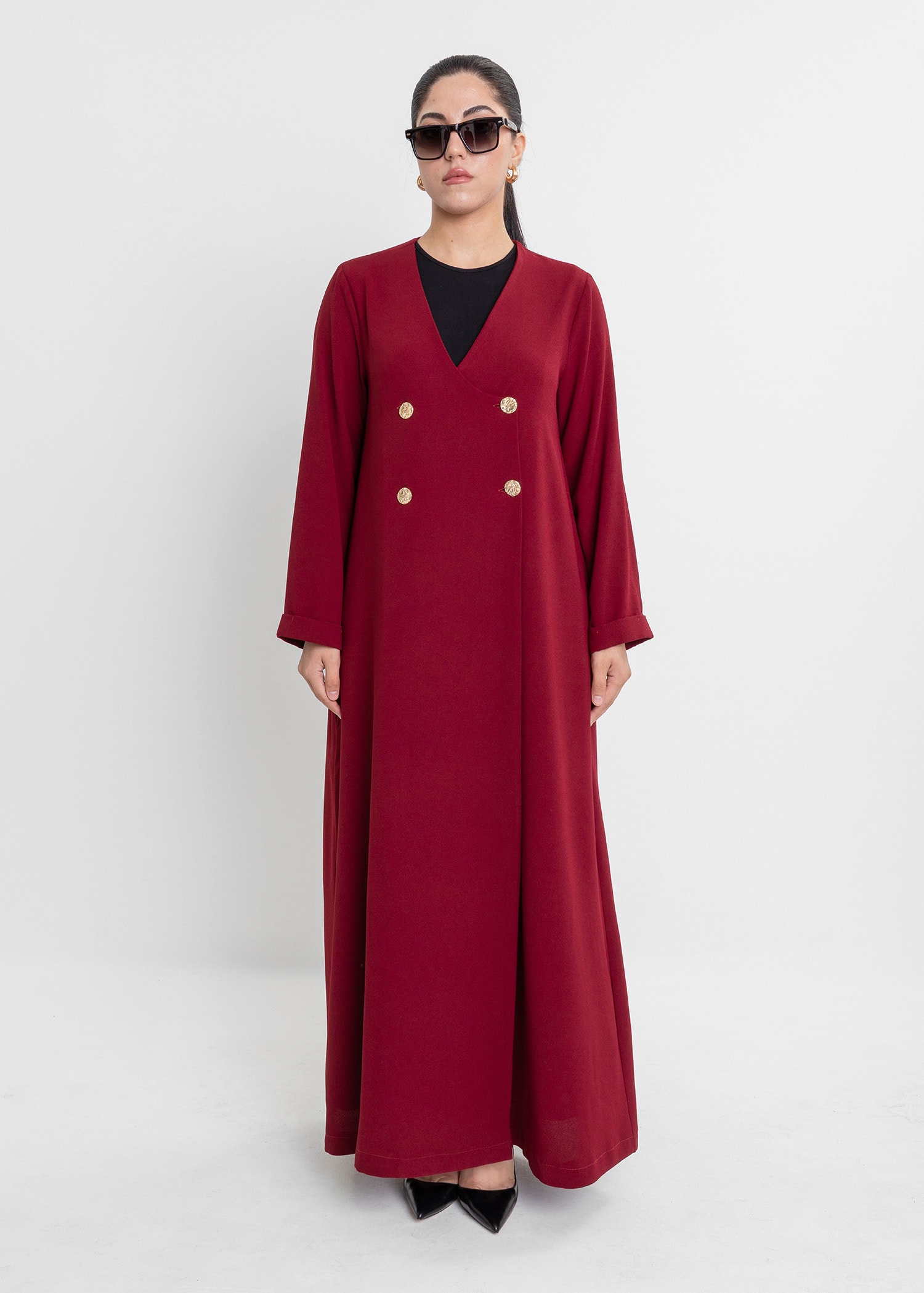Revna Atelier Liza Kruvaze Gold Düğmeli Bordo Ferace