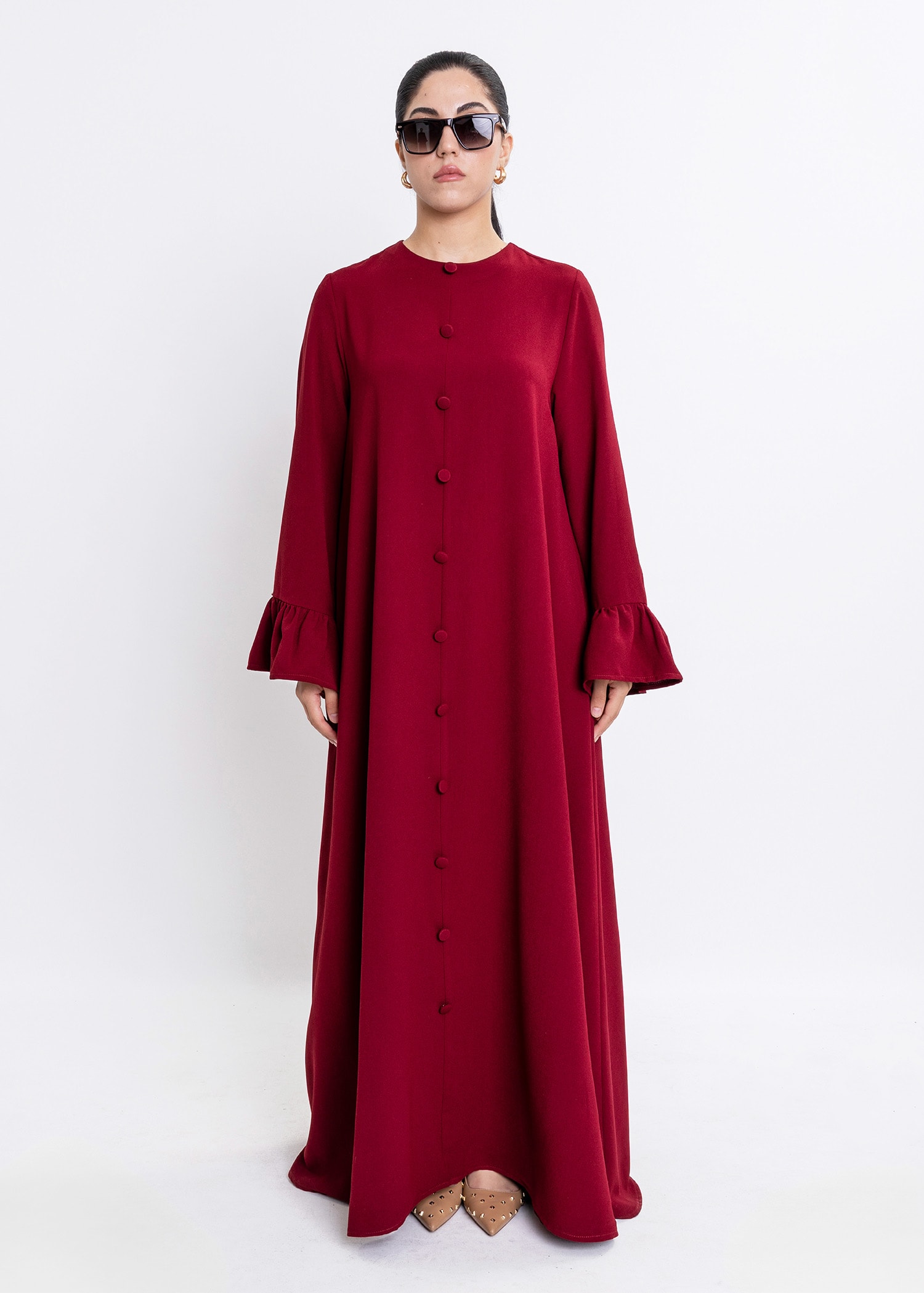 Revna Atelier Sofia Kolları Fırfırlı Kaplama Düğmeli Bordo Elbise