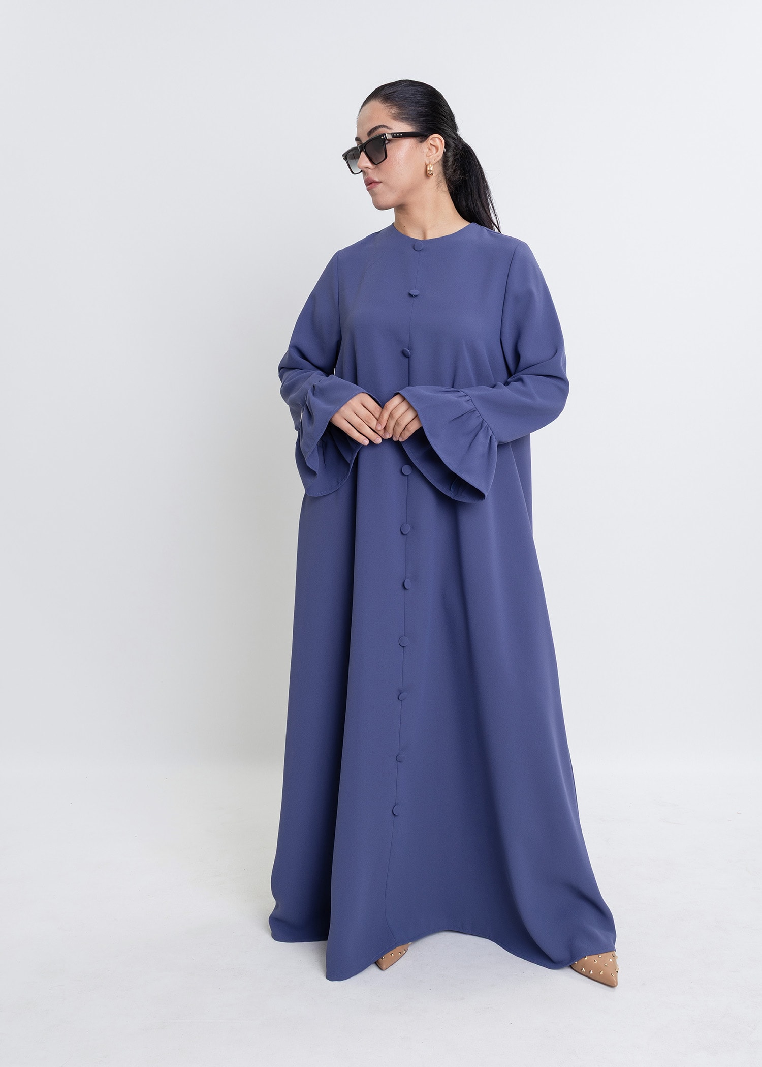 Revna Atelier Sofia Kolları Fırfırlı Kaplama Düğmeli İndigo Elbise
