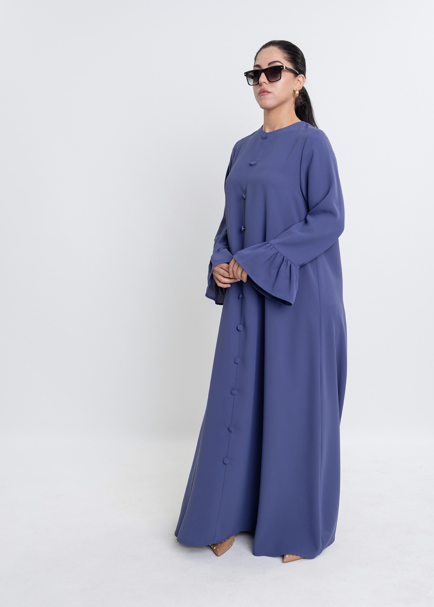 Revna Atelier Sofia Kolları Fırfırlı Kaplama Düğmeli İndigo Elbise
