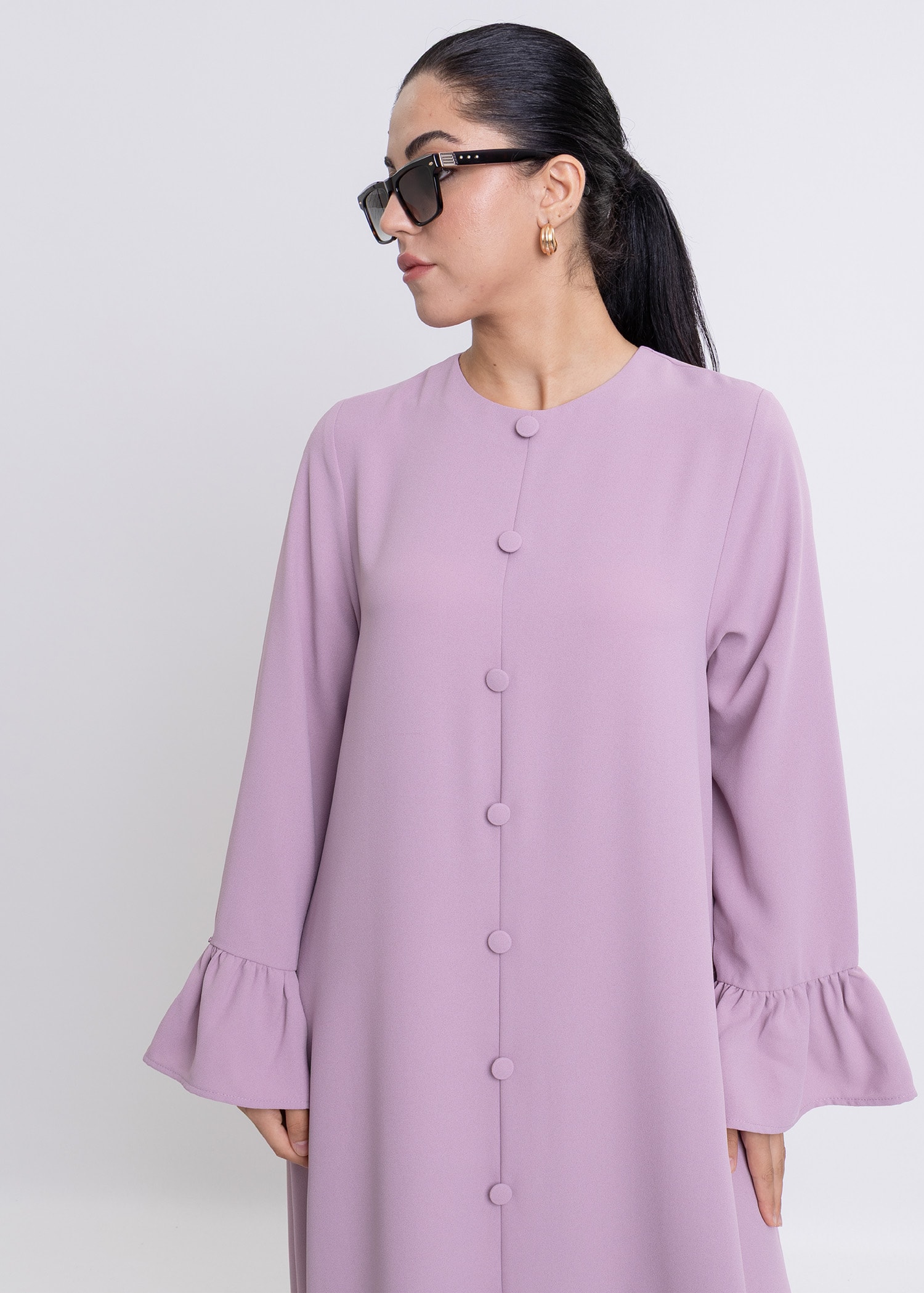 Revna Atelier Sofia Kolları Fırfırlı Kaplama Düğmeli Bordo Elbise