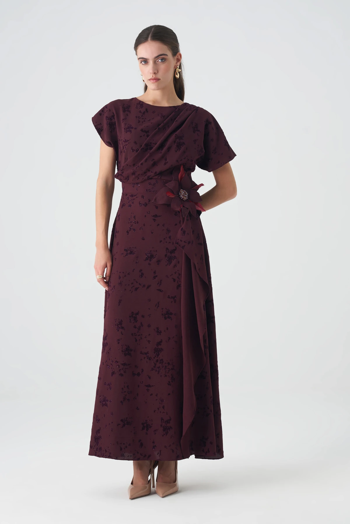 Kadife baskılı volanlı krep elbise EL-4439