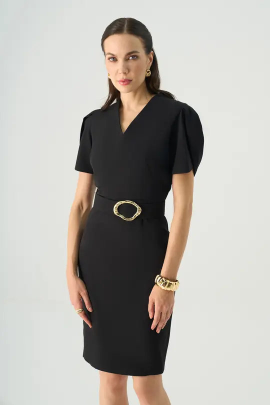 Kol detaylı gold kemer aksesuarlı krep elbise EL-4405