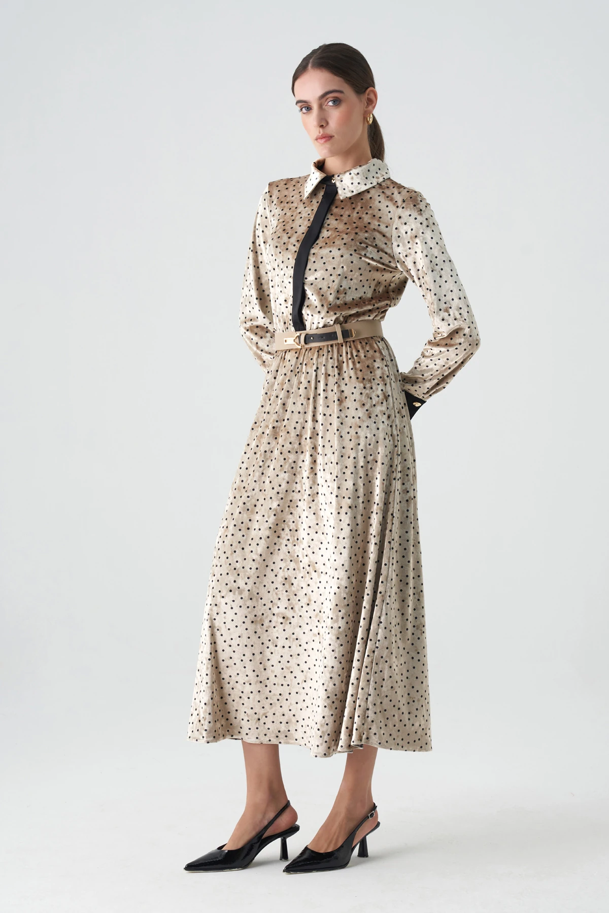 Saten garnili empirme kadife elbise EL-4437