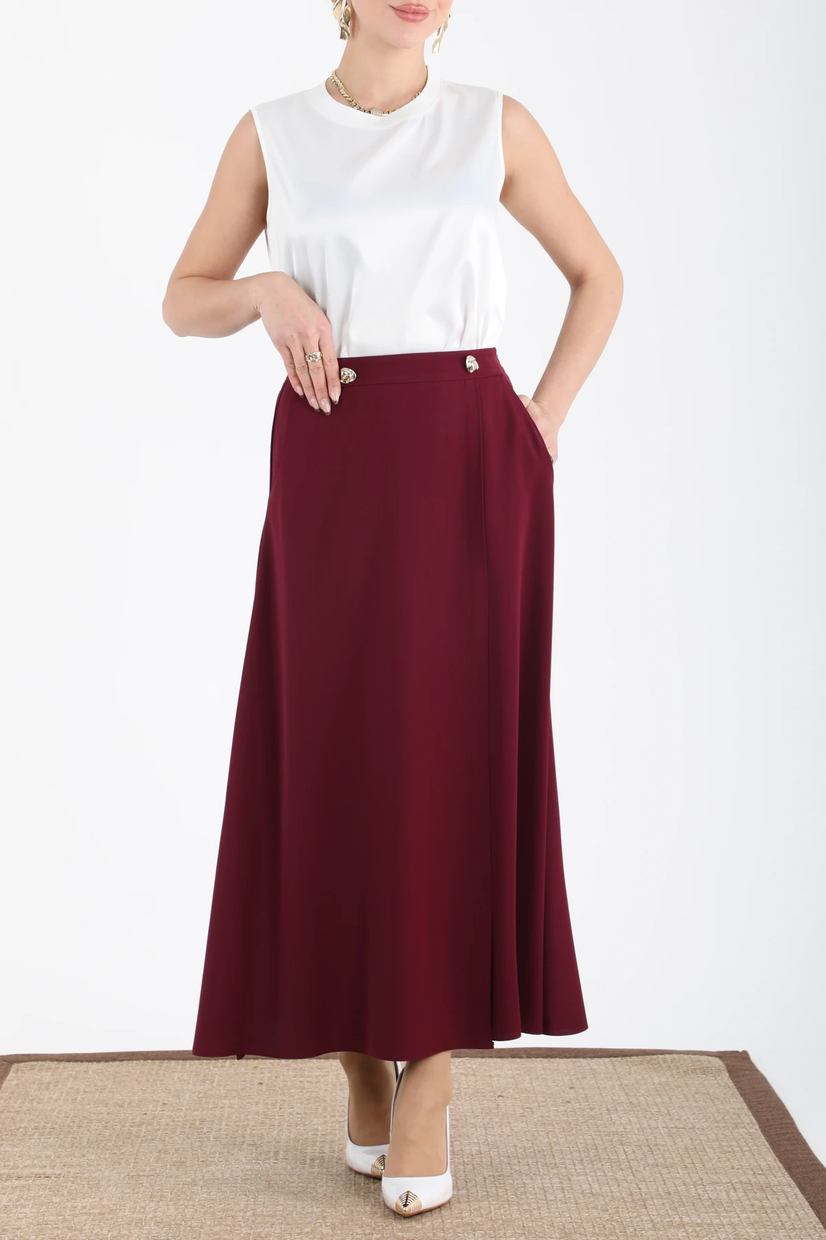 Metal aksesuarli midi etek EL-1176 - MOR