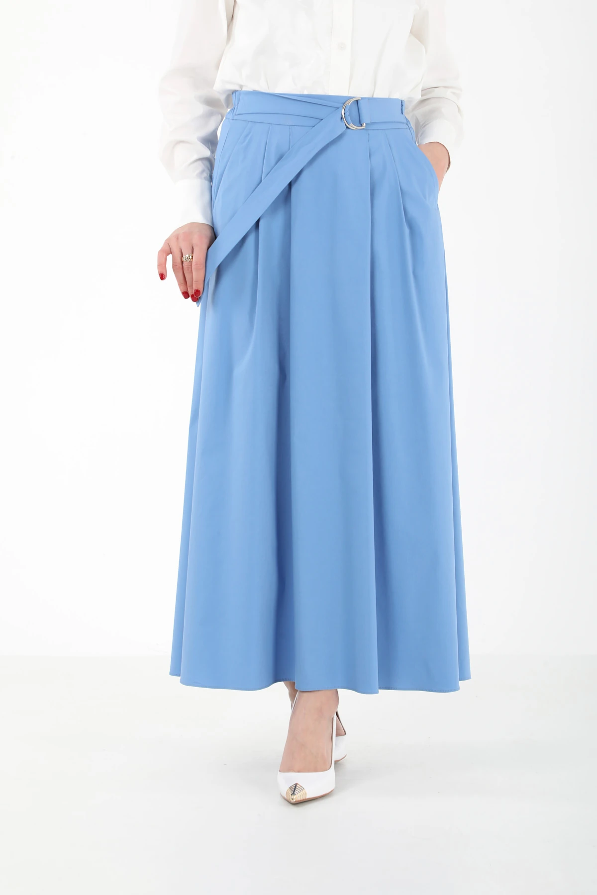 Metal aksesuarlı pileli etek EL-1194 - MAVİ