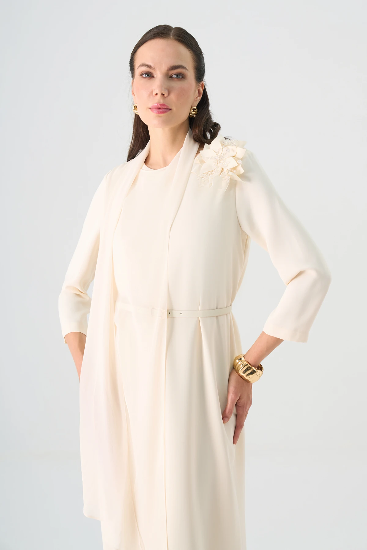 Asimetrik şifon garnili midi elbise EL-4382