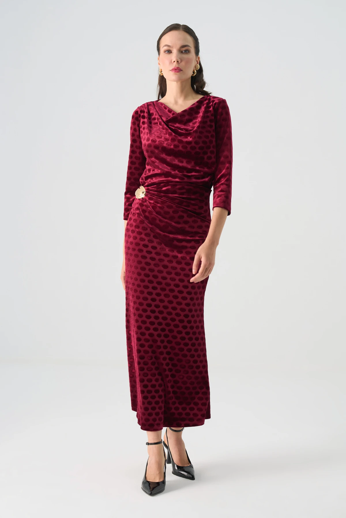 Degaje Yakalı Beli Aksesuarlı Kadife İkili Takım EL-2772