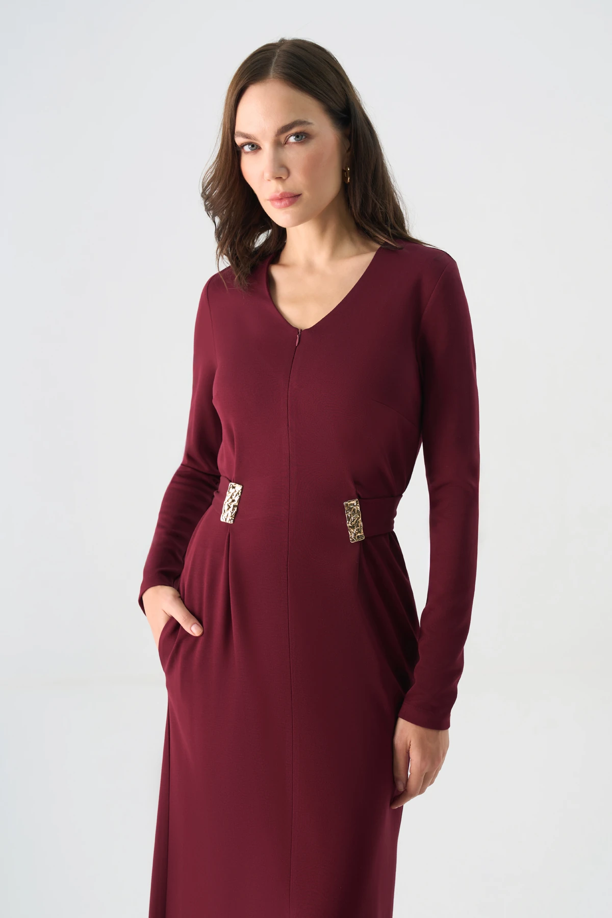 'V' yakalı belden kuşaklı örme elbise EL-4414