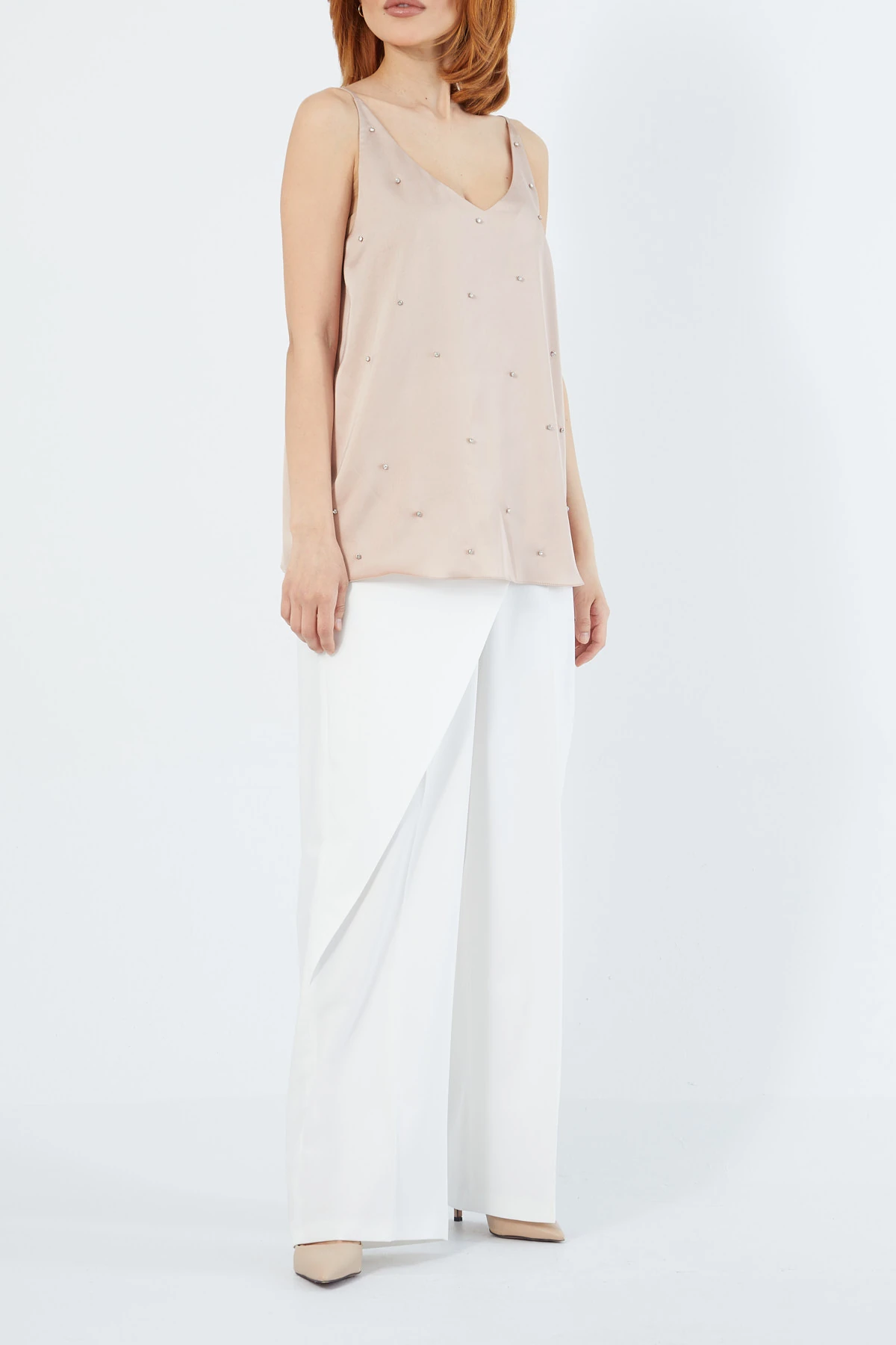 Strass taşlı saten bluz EL-1619 - BEJ