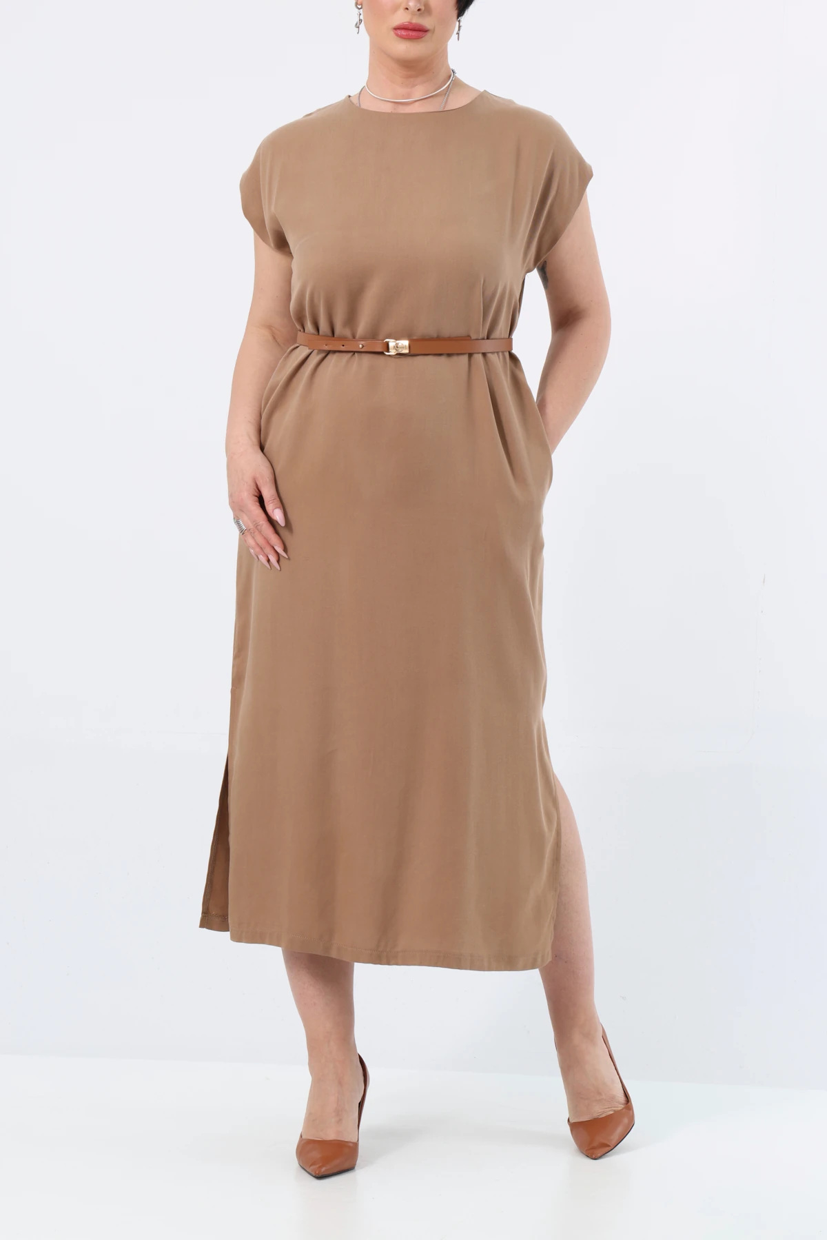 Kemerli tencel elbise EL-4199-B