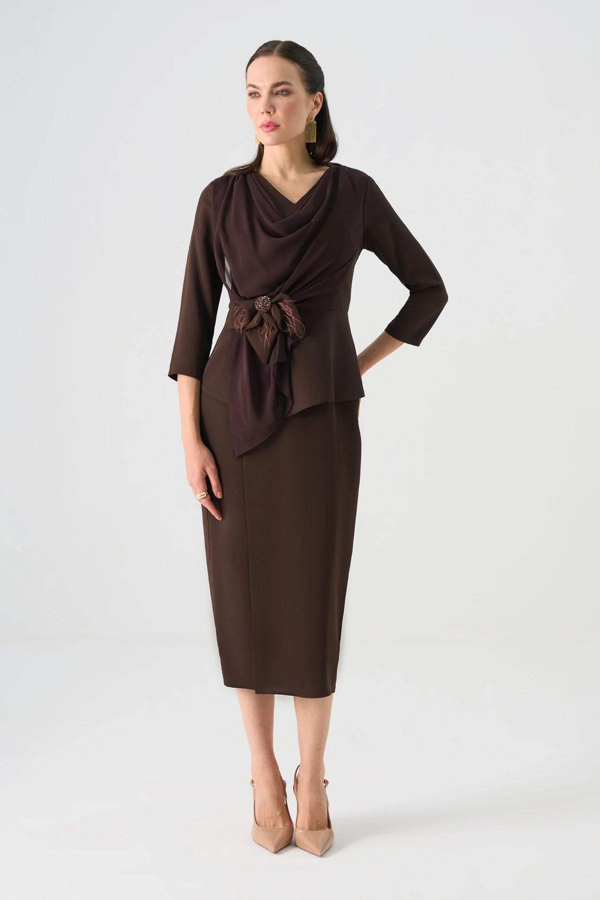 Degaje yaka şifon garnili midi elbise EL-4373-B