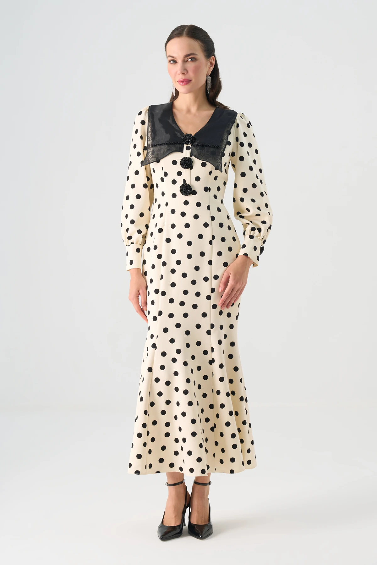 Puantiyeli Geniş Yaka Midi Elbise EL-4367