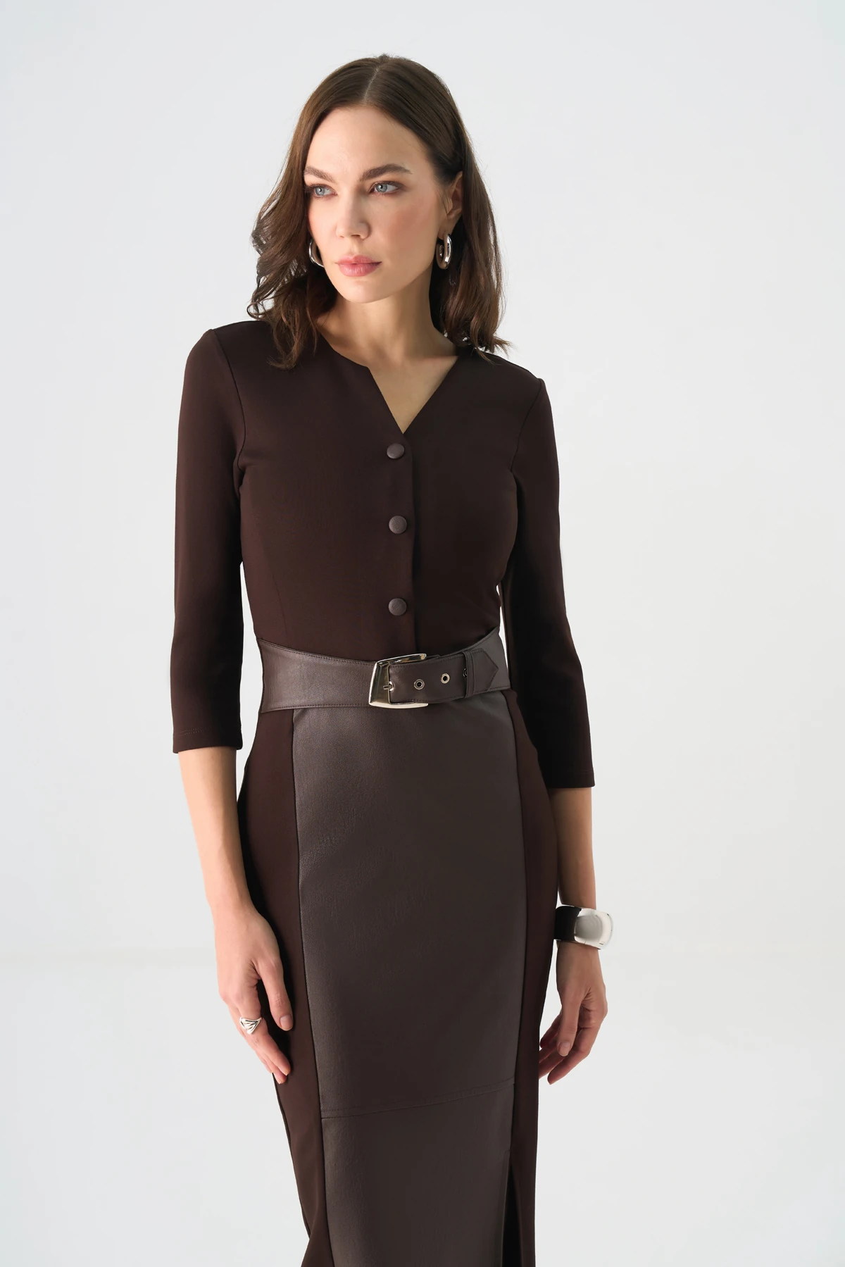 Bel kemerli örme ve deri karışım elbise EL-4424