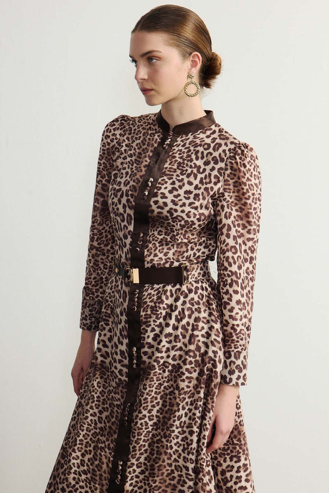 Saten garnili leopar elbise EL-4175