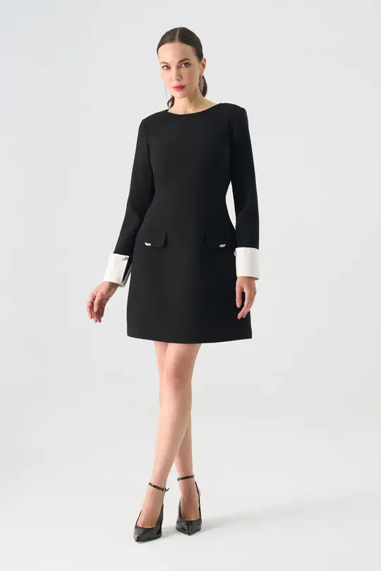 Kontrast Manşet Detaylı Mini Elbise EL-4463