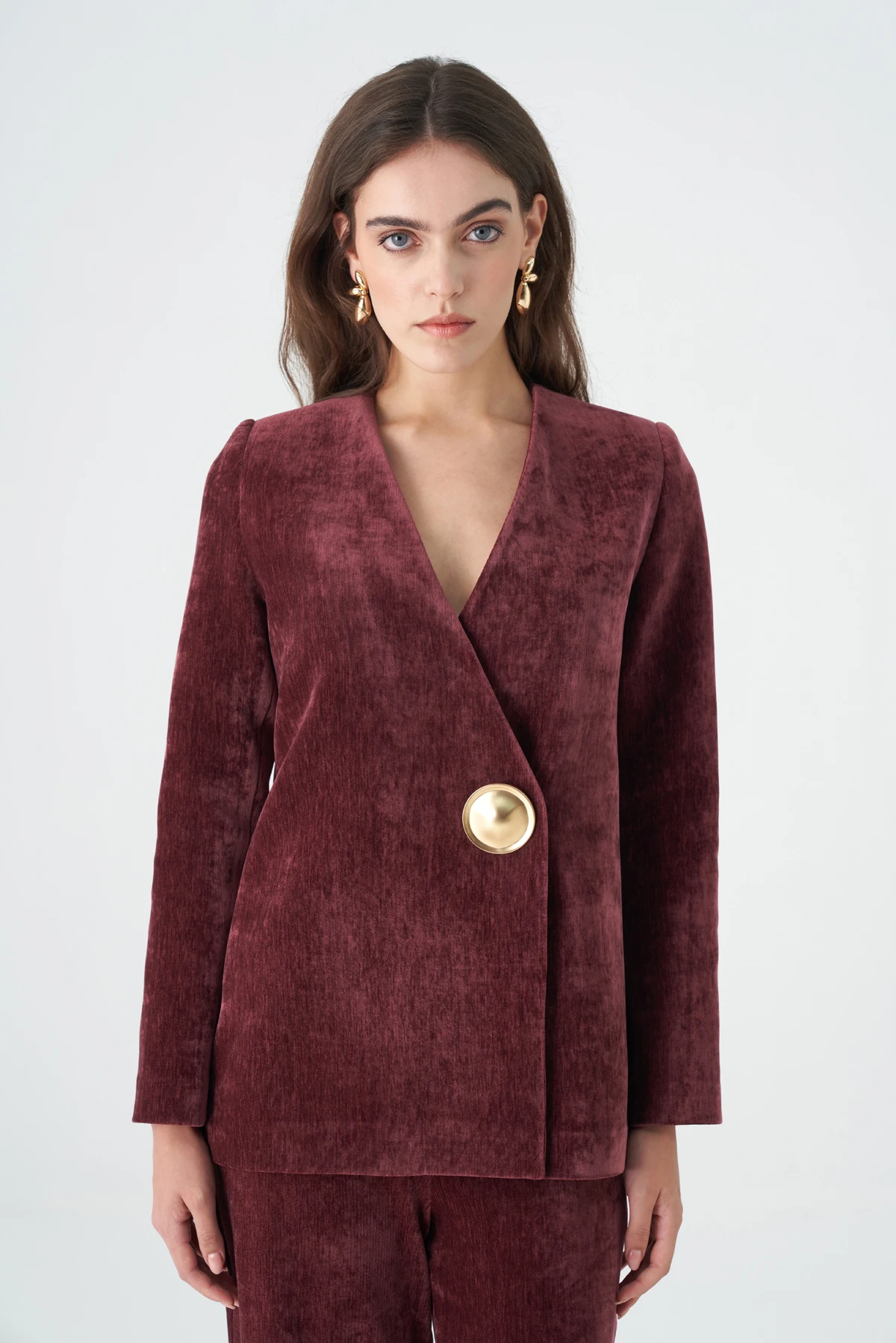 Kruvaze büyük düğmeli kadife takım EL-2775