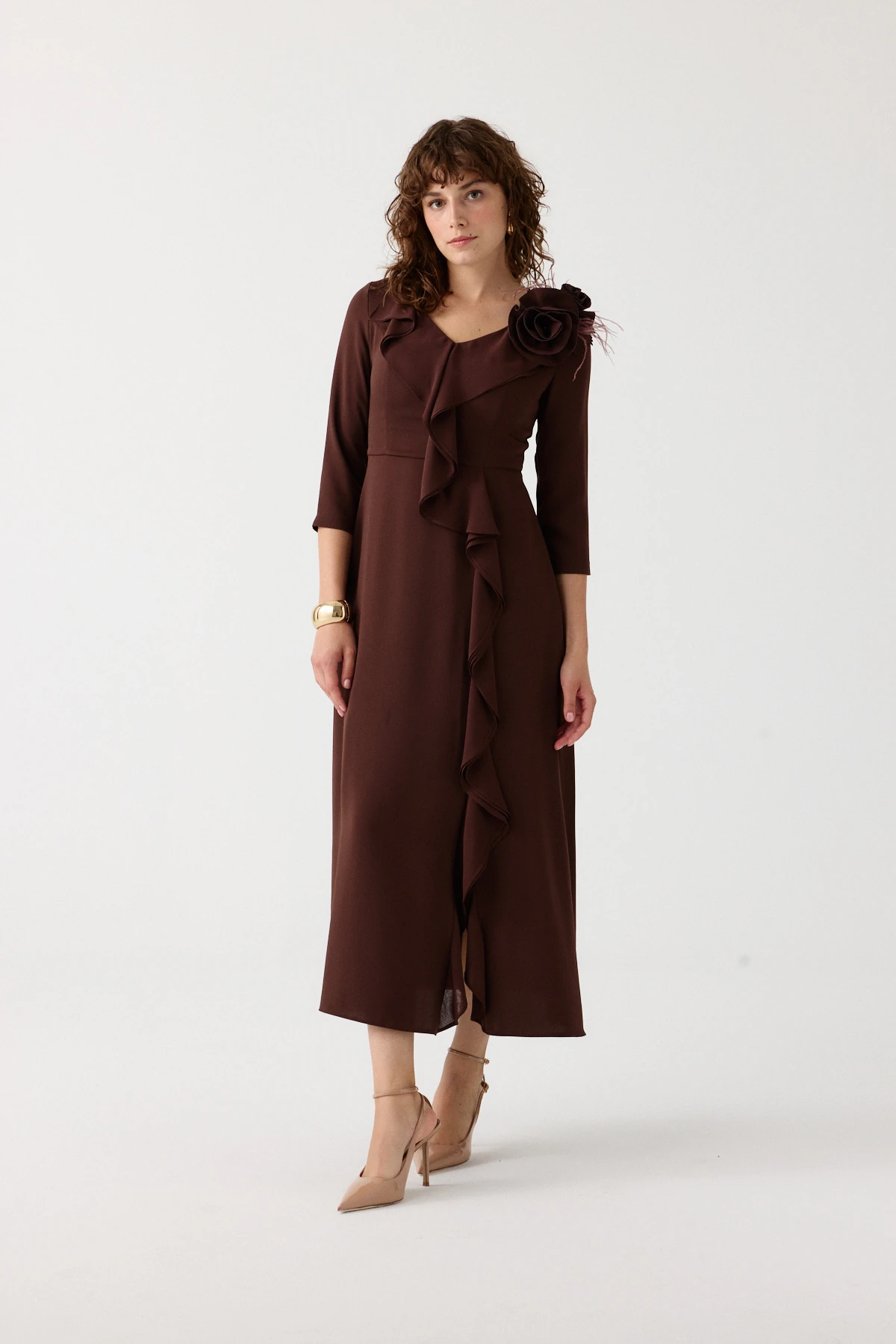 Şifon volanlı çiçekli kokteyl elbise EL-4380