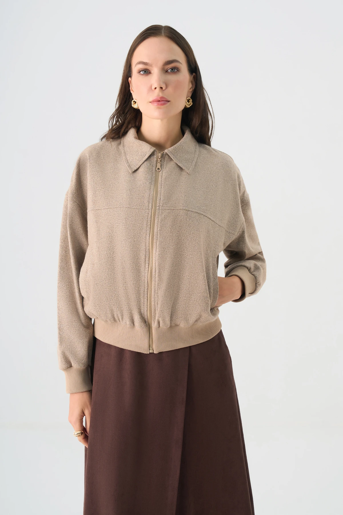 Ribana detaylı düşük kollu polisivkon bomber ceket EL-1837