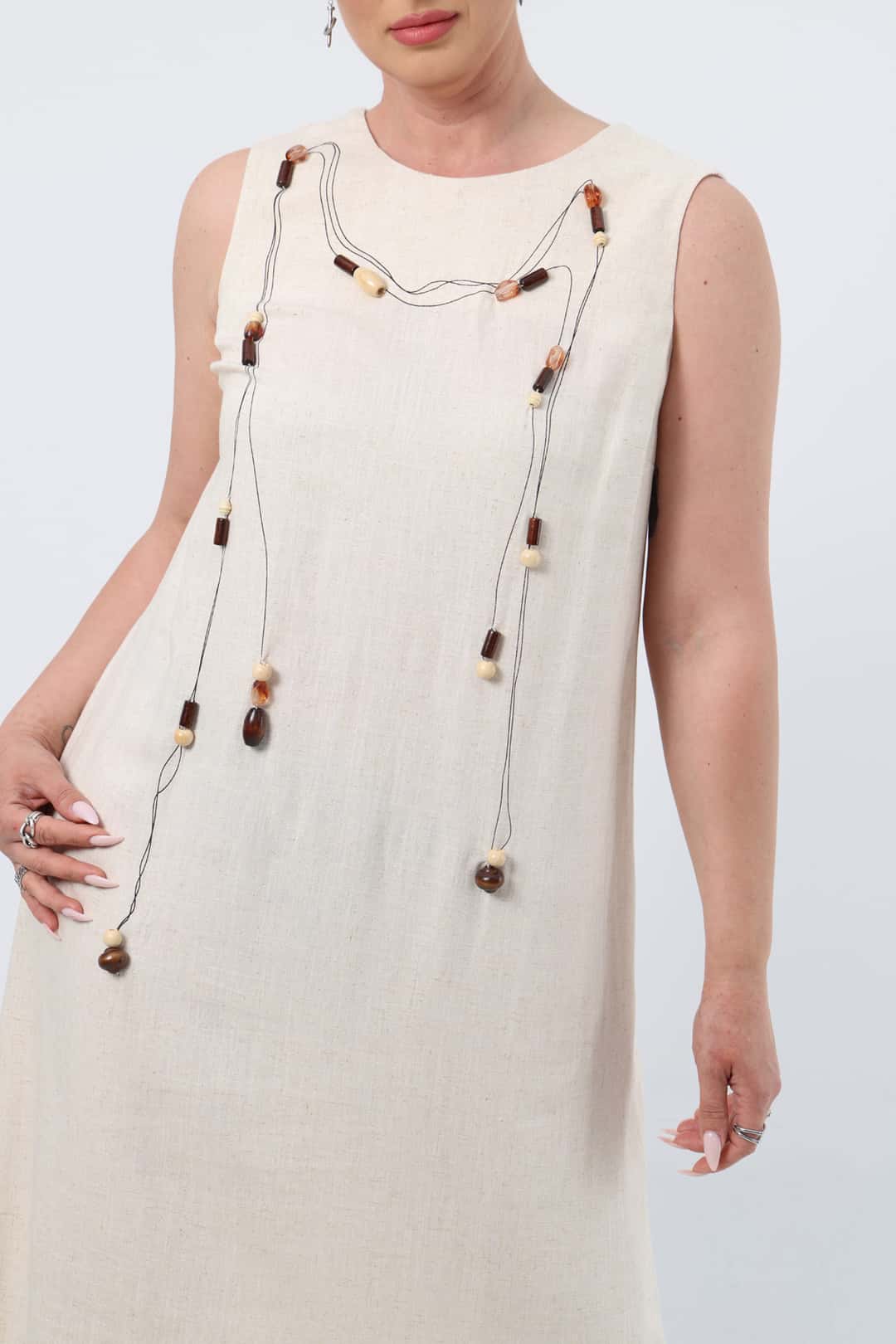 Boncuk detaylı naturel elbise EL-4306-B