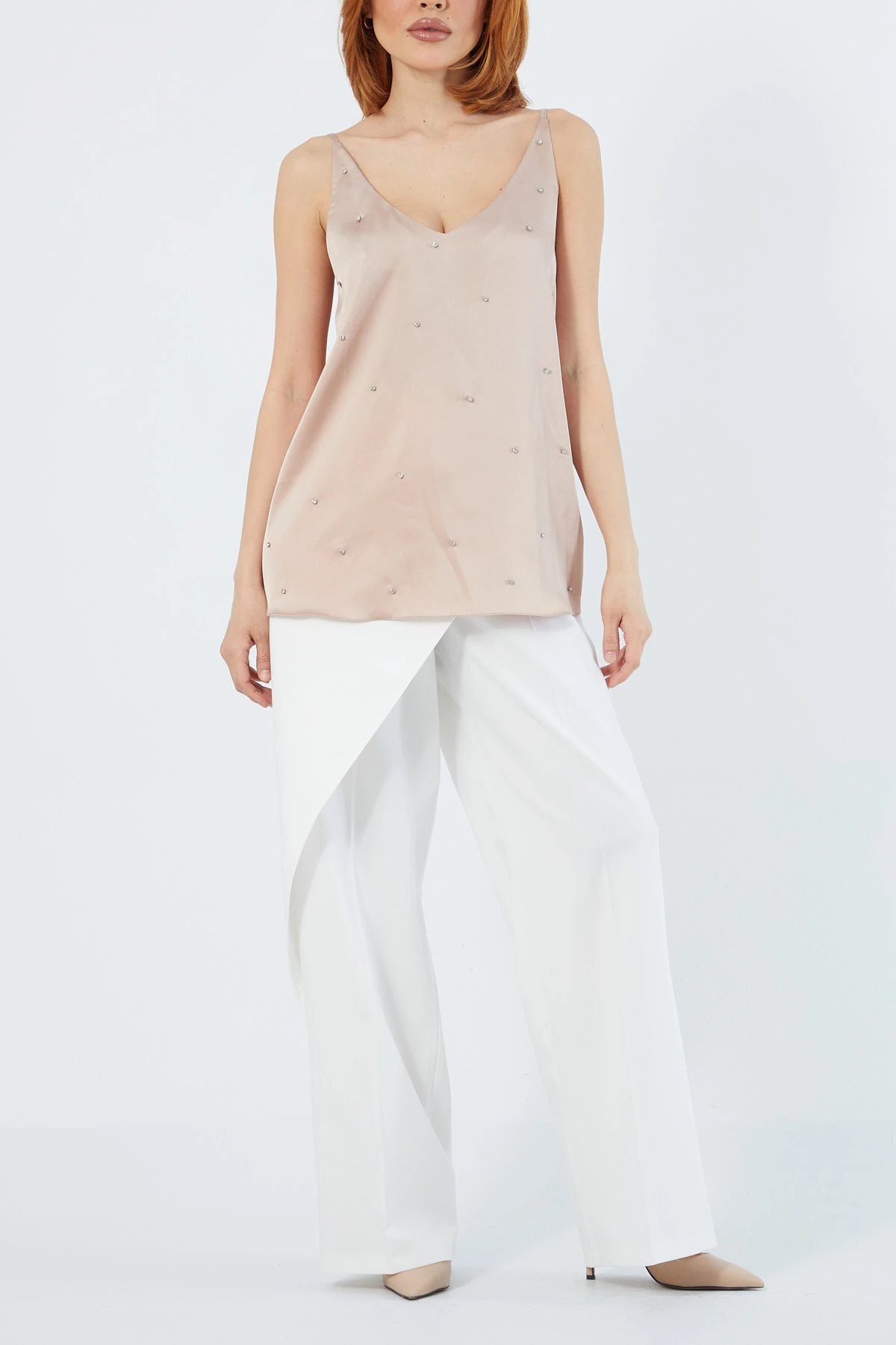 Strass taşlı saten bluz EL-1619 - BEJ