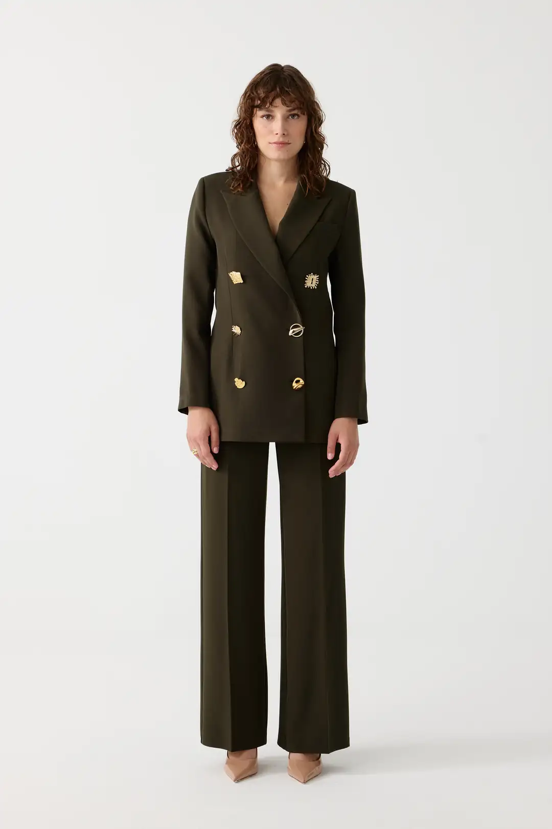 Gold aksesuarlı blazer ceket takım EL-2705 - HAKİ
