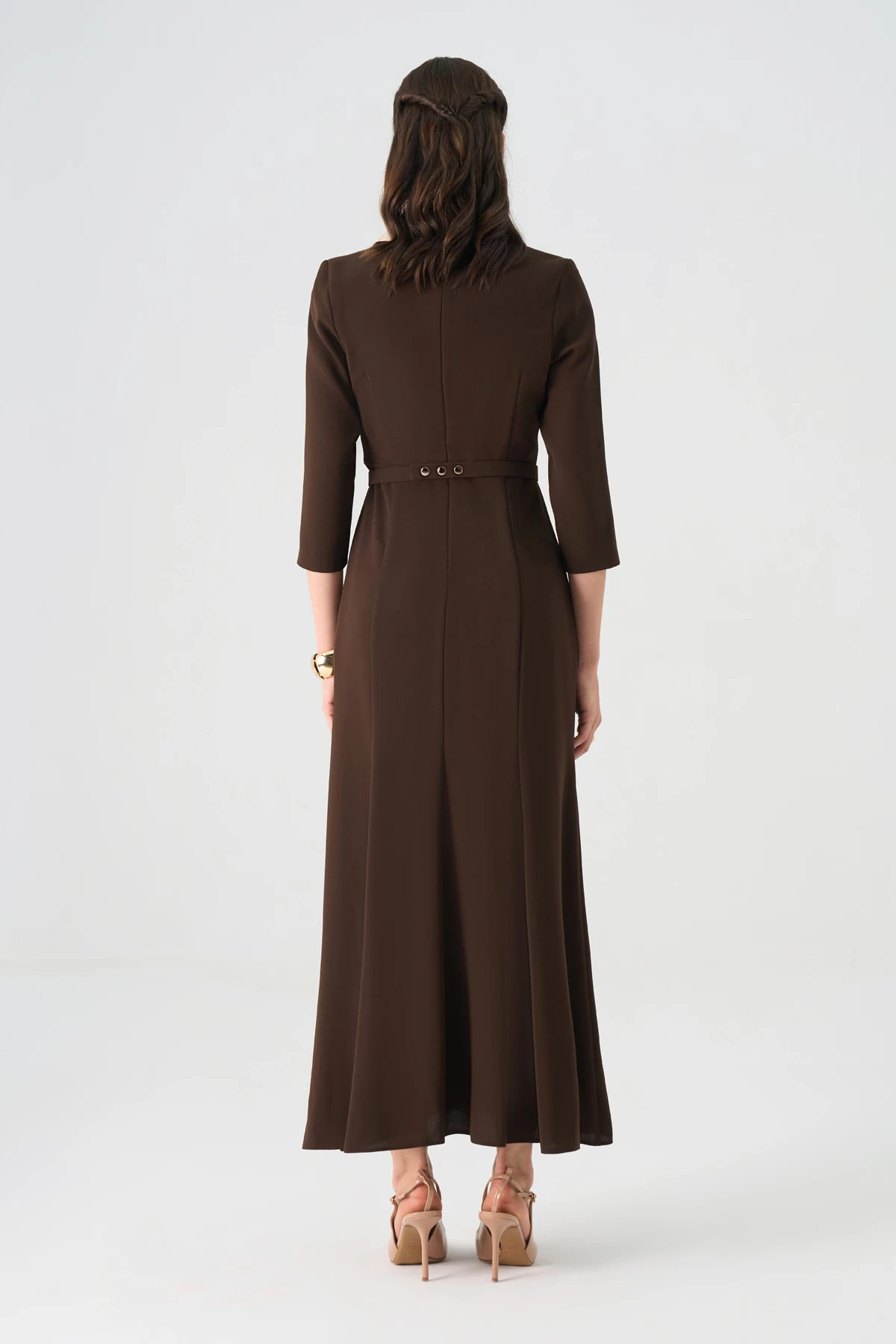 Saten yakalı çiçek espirili krep elbise EL-4427