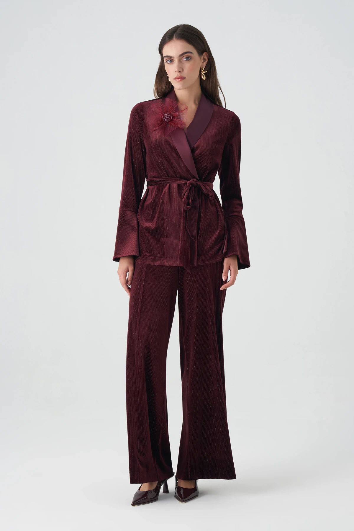 Saten garnili kruvaze simli kadife takım EL-2758