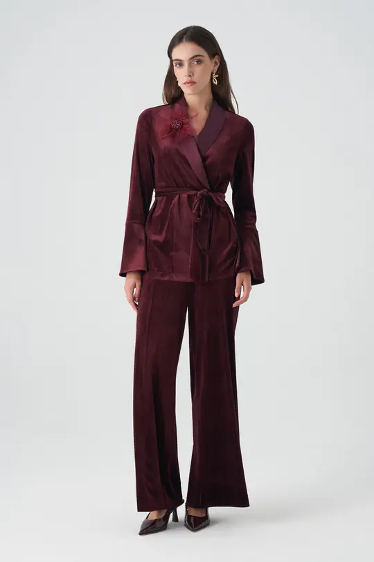 Saten garnili kruvaze simli kadife takım EL-2758