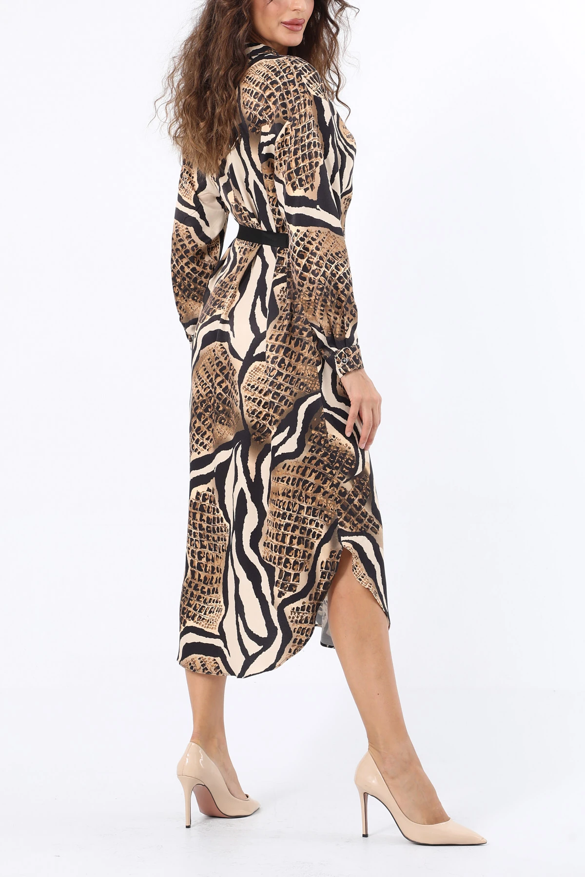 Grogren şeritli piton desen elbise EL-4082