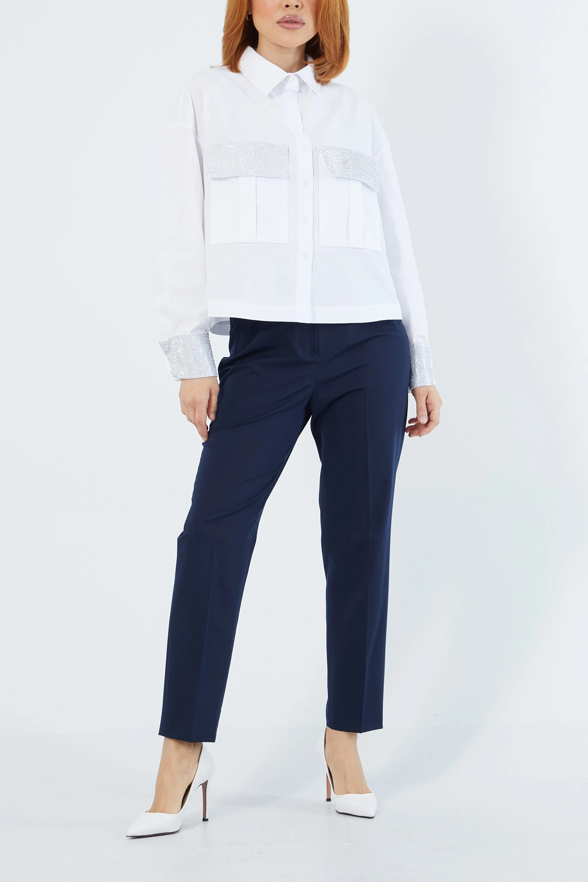 Strass taşlı süs cepli pamuk gömlek EL-1640