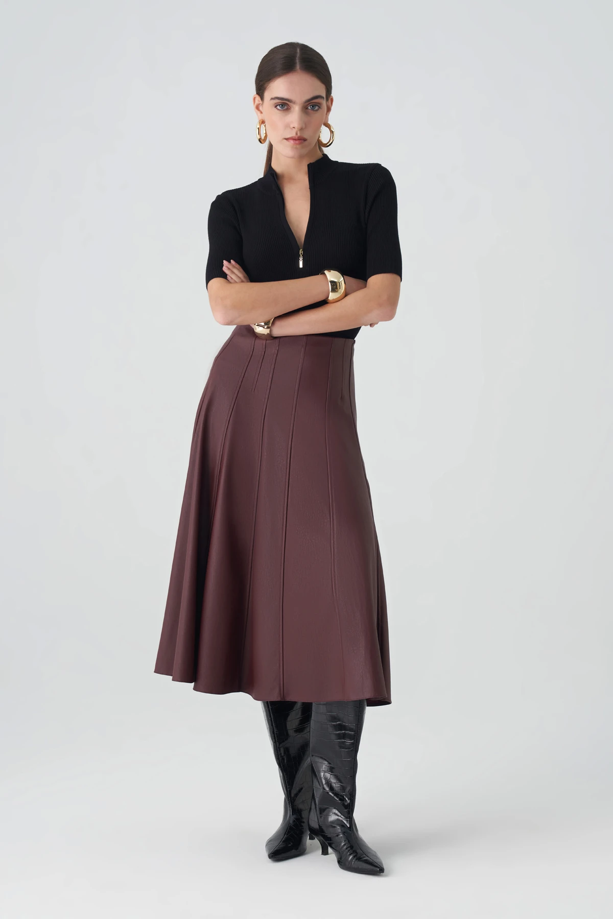 Kulp detaylı midi deri etek EL-1275