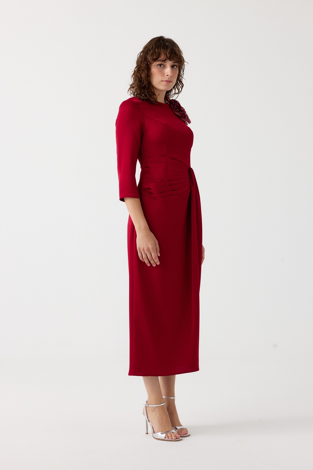 Beli piliseli kokteyl elbise EL-4355 - BORDO
