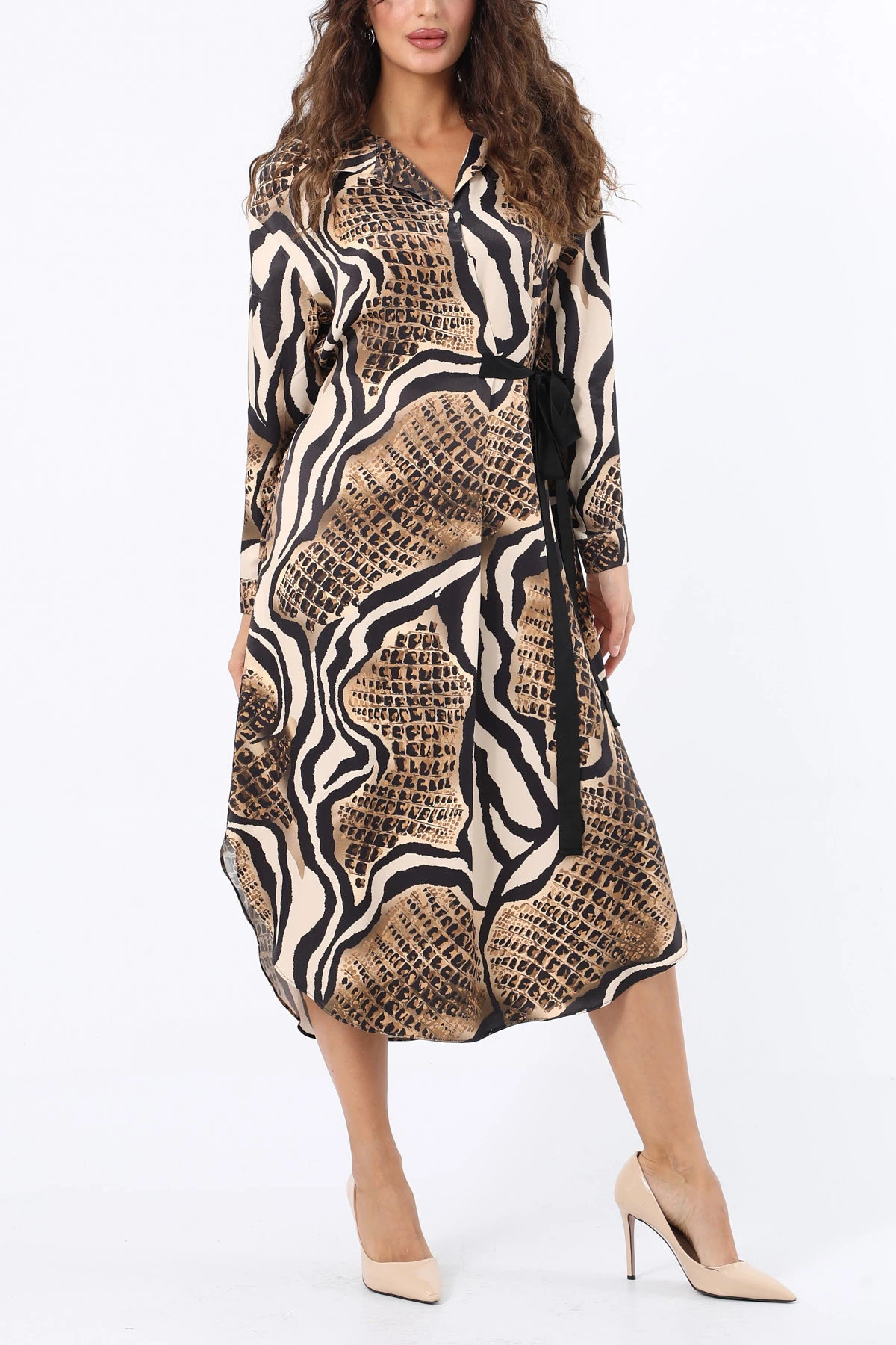 Grogren şeritli piton desen elbise EL-4082