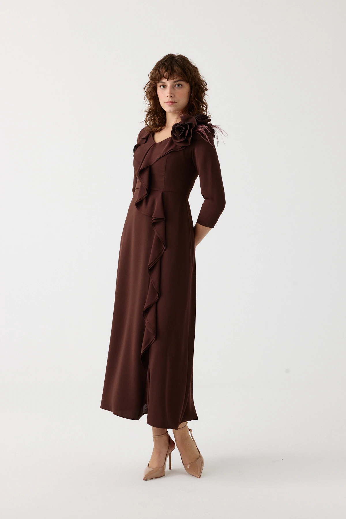 Şifon volanlı çiçekli kokteyl elbise EL-4380