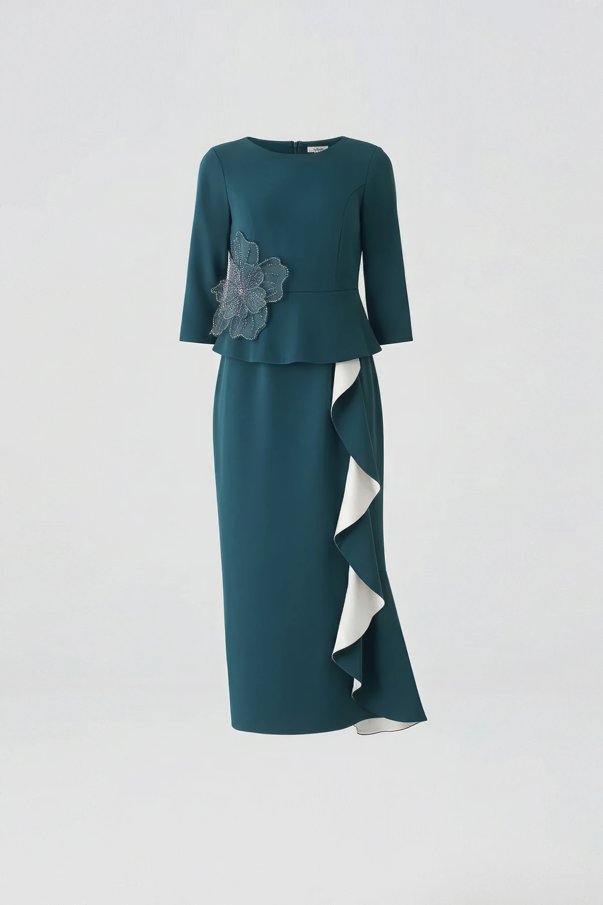 Volanlı garnili peplum saten elbise EL-4388