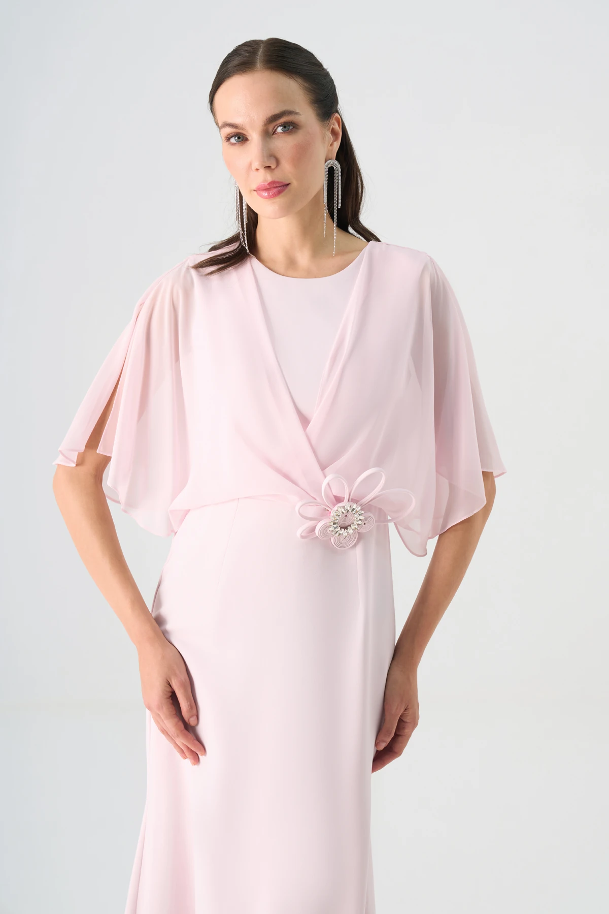 Şifon garnili yarasa kollu midi elbise EL-4353-B