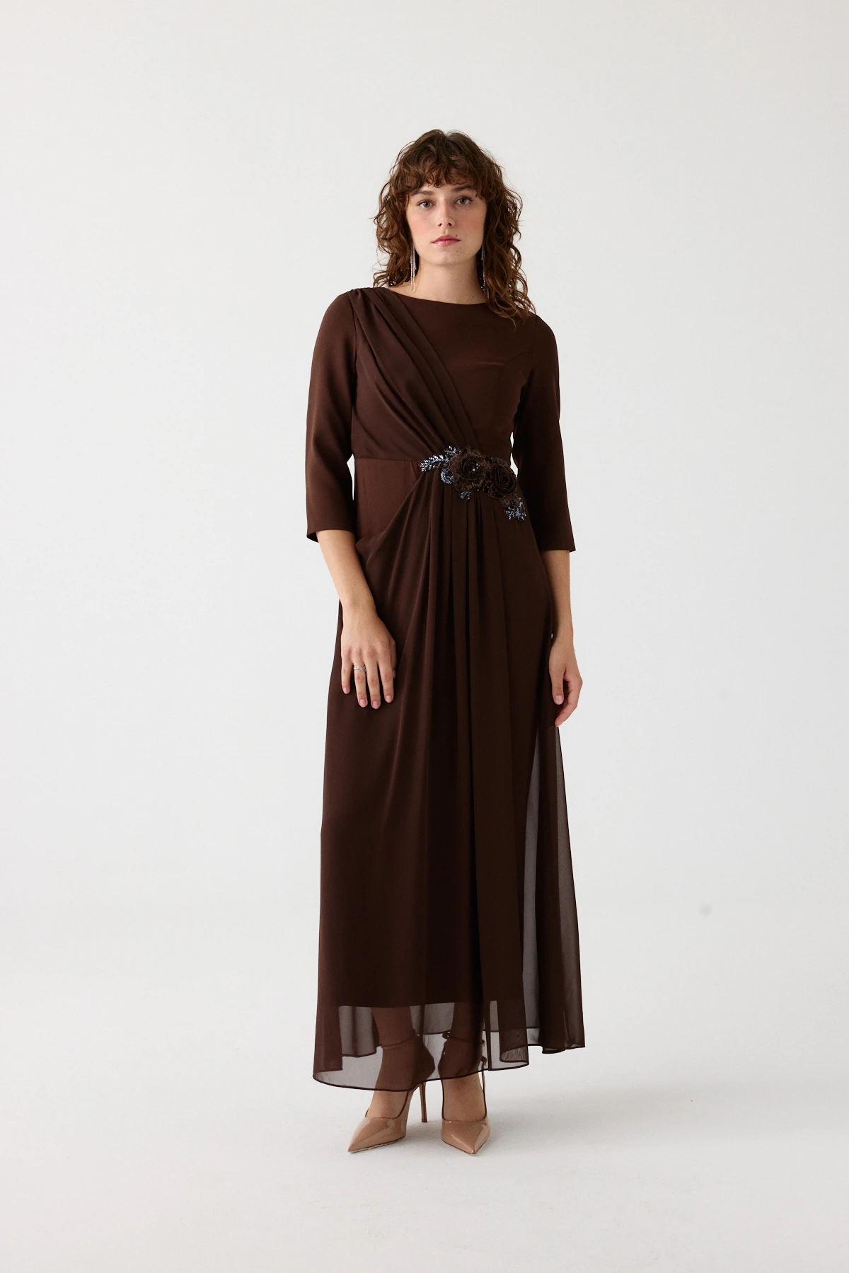 Aplikeli uzun kol elbise EL-4358