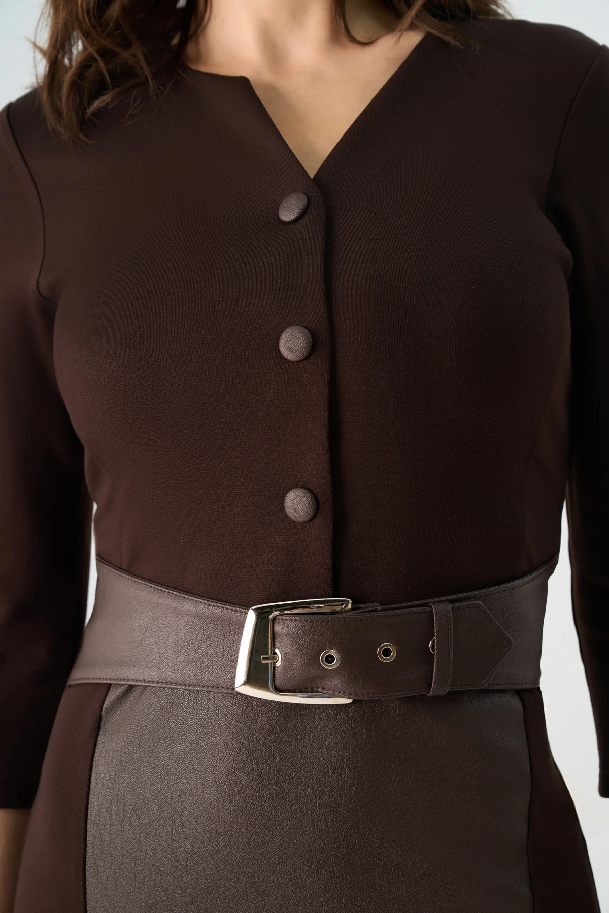 Bel kemerli örme ve deri karışım elbise EL-4424