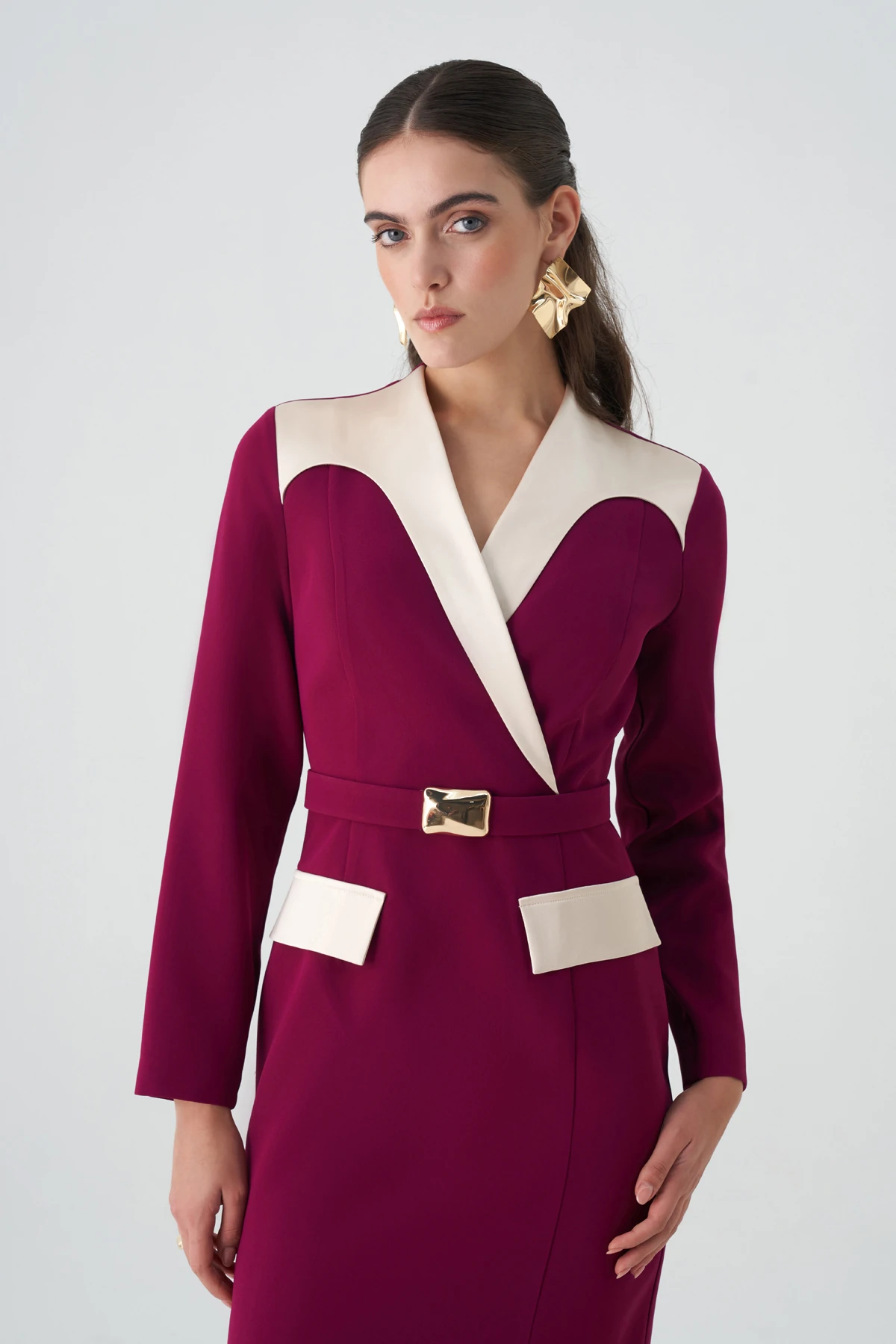 Saten garnili kruvaze midi krep elbise EL-4433