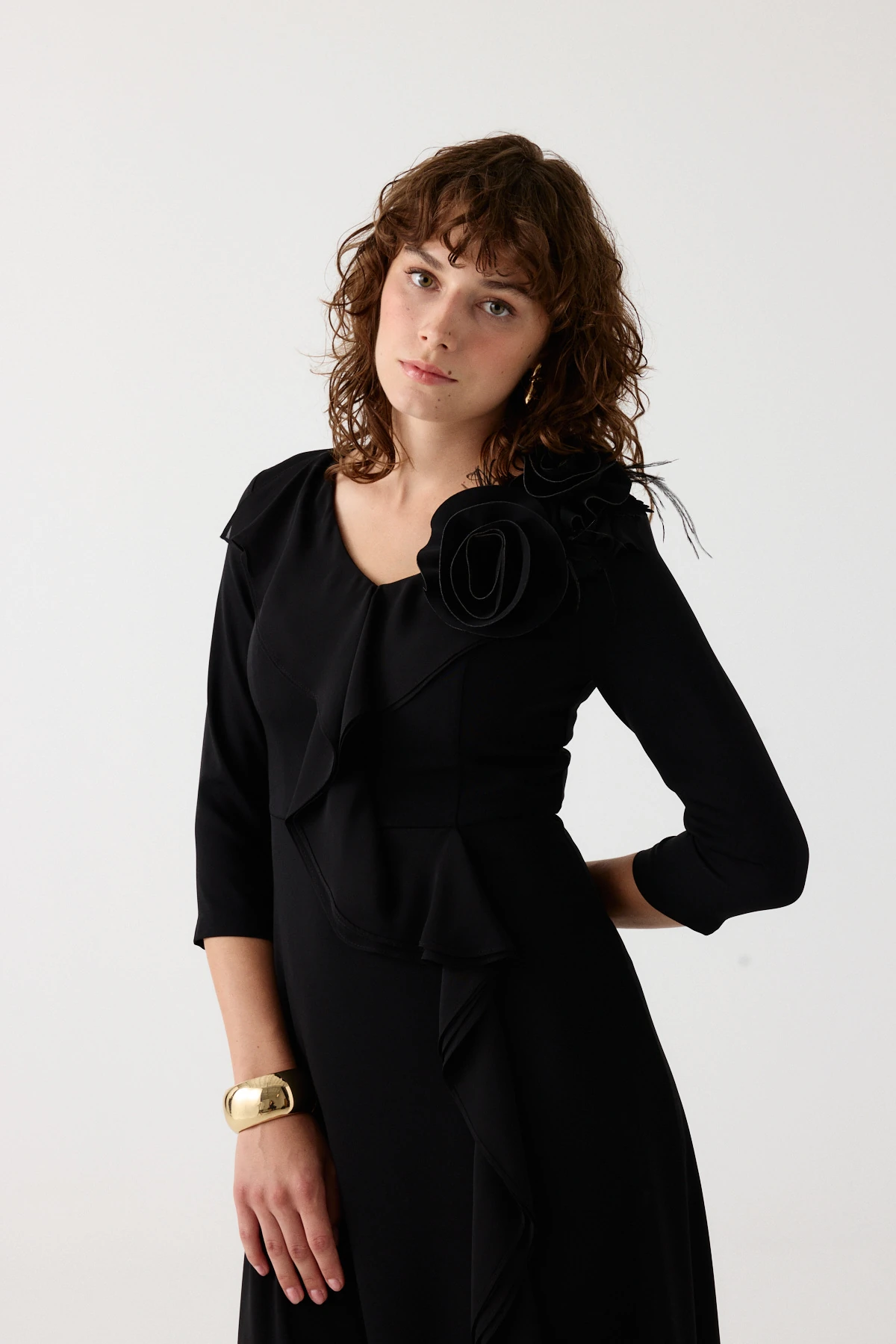 Şifon volanlı çiçekli kokteyl elbise EL-4380