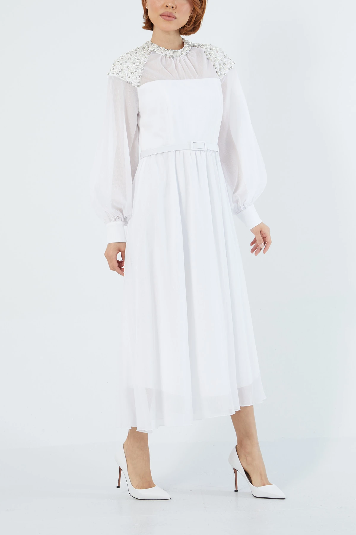 İşleme detaylı kemerli elbise EL-3569