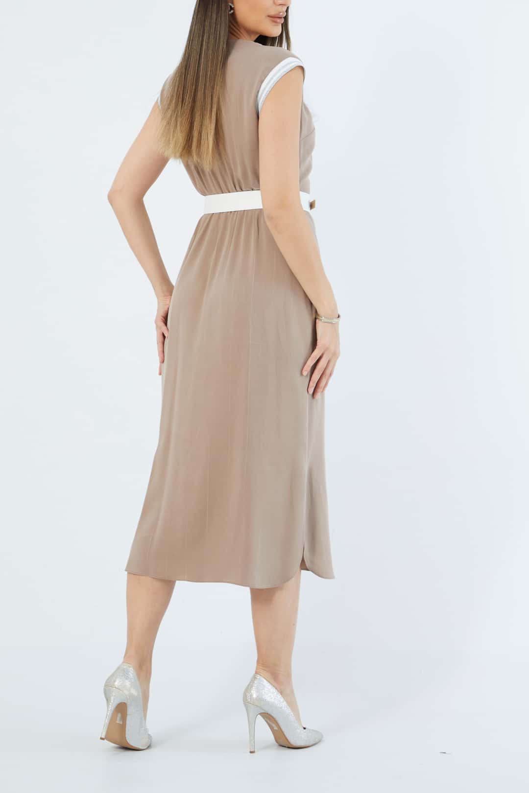 Ribana detaylı kemerli tencel elbise EL-3639